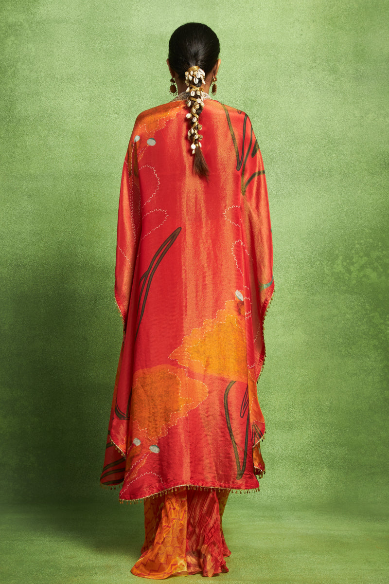 Orange Hand Embroidered Jacket and Skirt Set