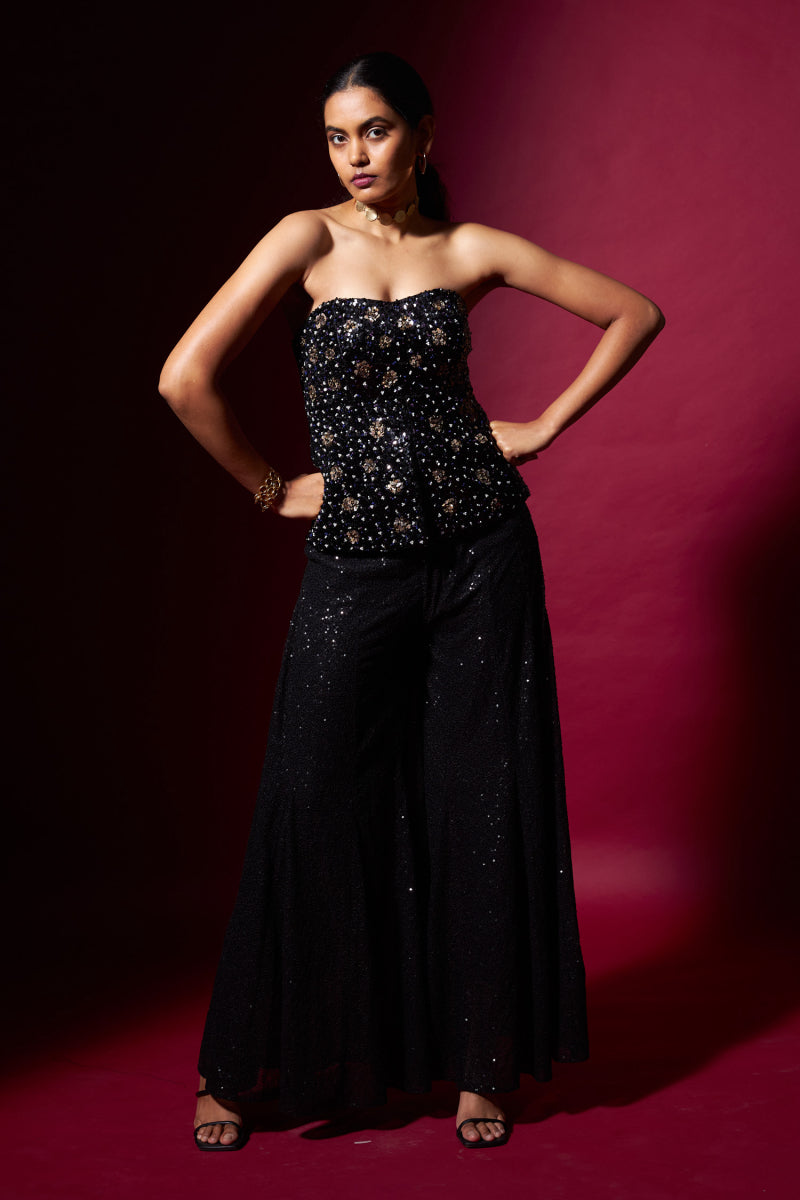 Hand Embroidered Black Off-Shoulder Set
