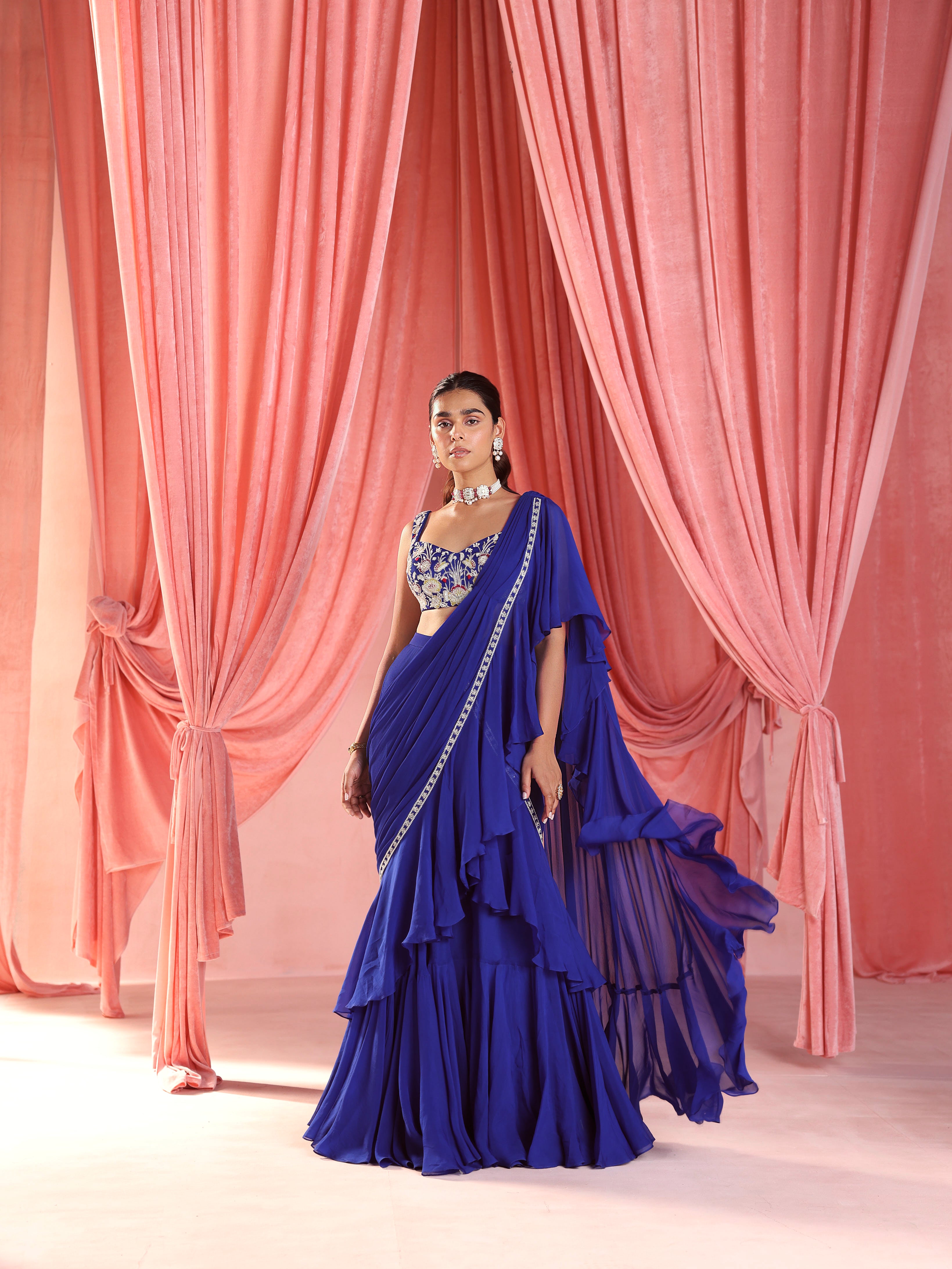 Choli+Pre-Stitched Ruffle Saree+Belt