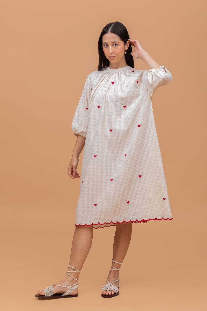 Heart Embroidered Khadi Dress