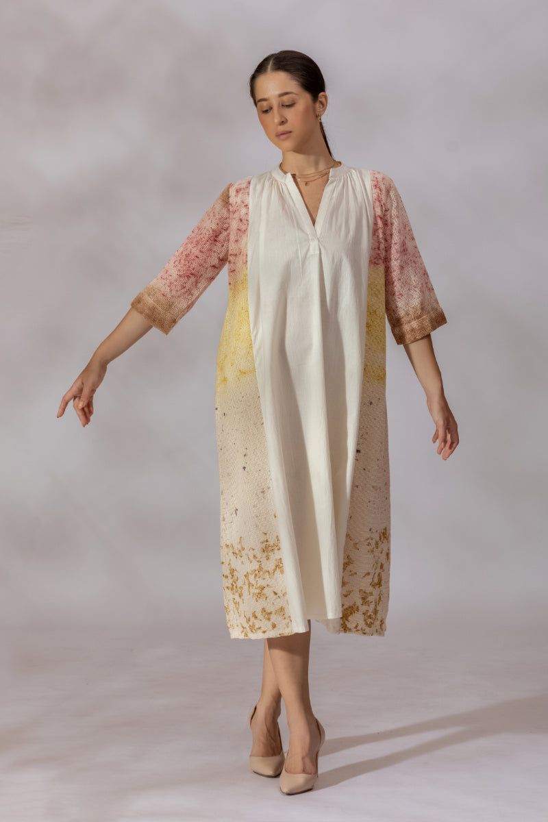 Mesh Panel Mesh Ecoprint Khadi Panelled Dress