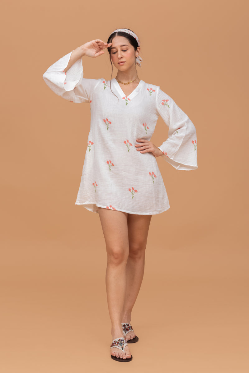 Hand Block Printed Gots-Certified Wrinkle Cotton Short Dress