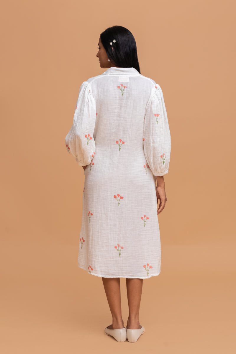 Crinkle Collar Dress Hand Block Printed Gots-Certified Wrinkle Cotton A-Line Dress