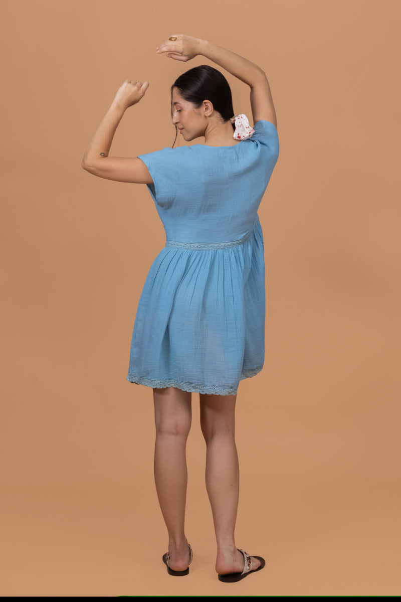 Ocean Blue Gots-Certified Wrinkle Cotton Summer Frock