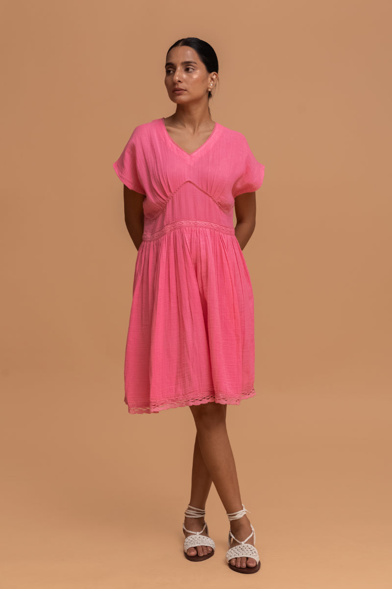 Flamingo Pink Gots-Certified Wrinkle Cotton Summer Frock