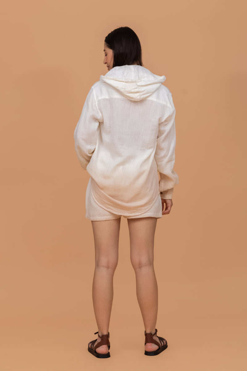 Sand Shaded Gots-Certified Wrinkle Cotton Hoodie Shorts Co-ord Set