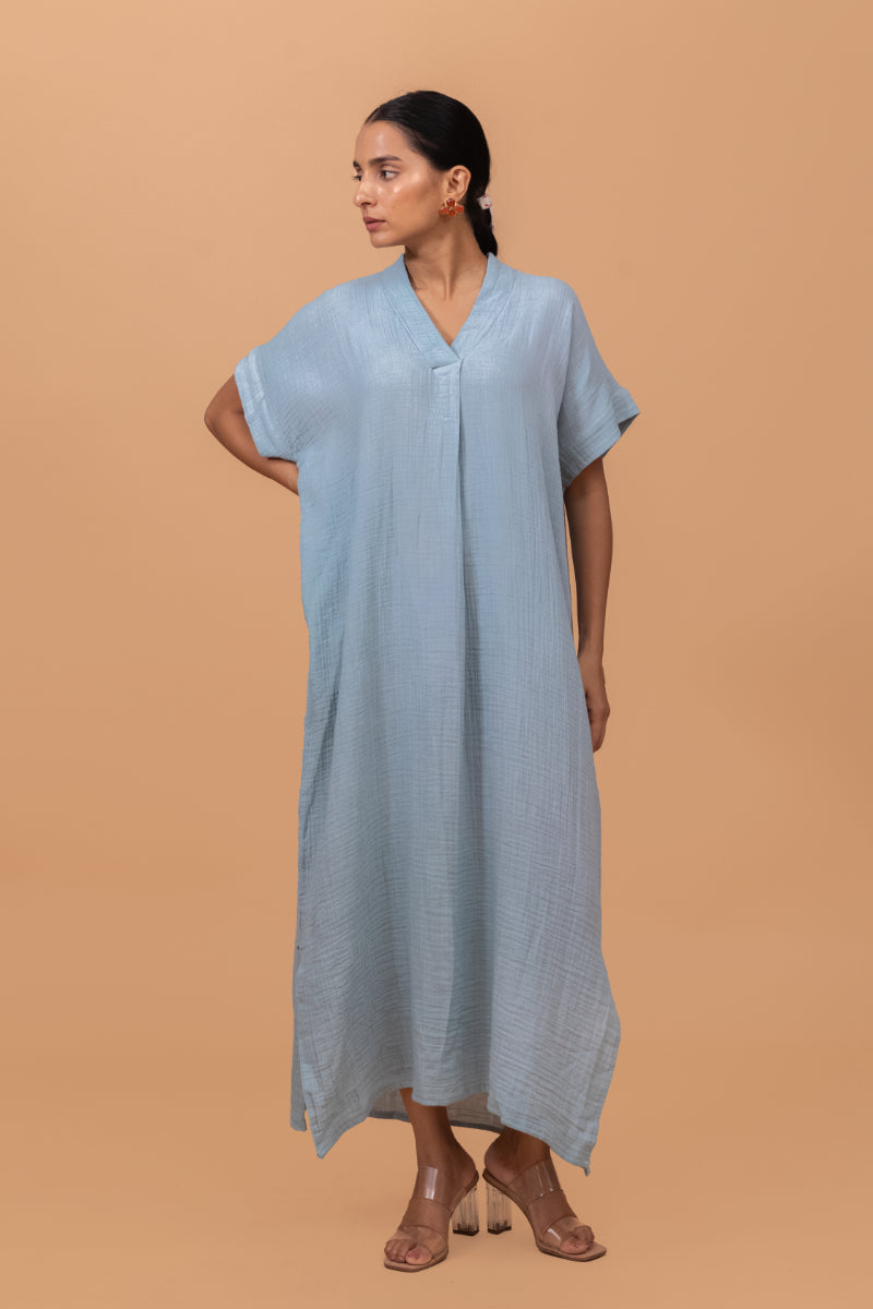 Powder Blue Gots Certified Wrinkle Cotton Maxi Dress