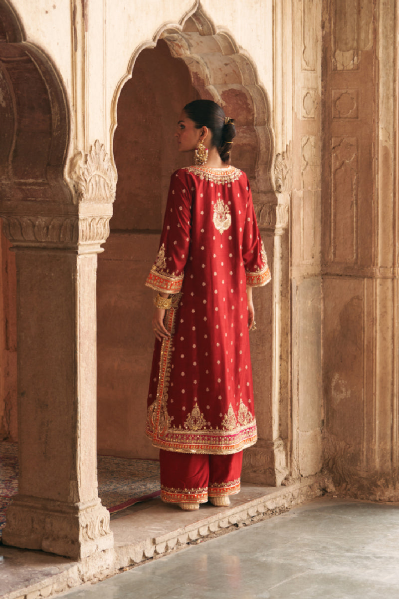 SUMAIRA - DEEP RED LONG KURTA WITH PALAZZO AND DUPATTA