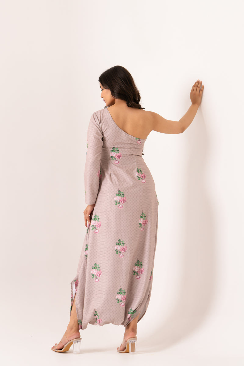 Mocha Brown Polka Dot One-Shoulder Dhoti Jumpsuit