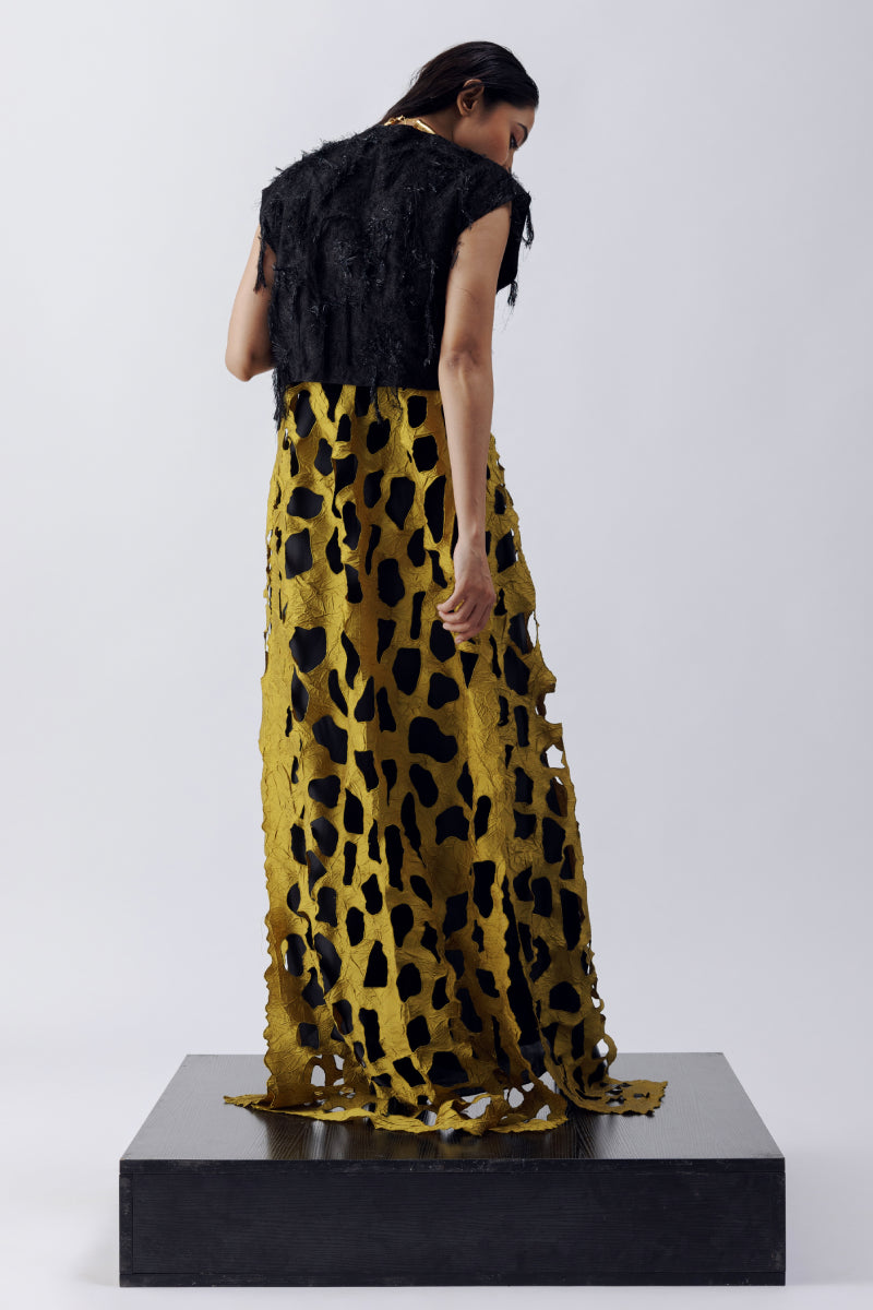 TEXTURED TOP + CRUSH SILK CUTWORK JACKET + SATIN DRAPE SKIRT