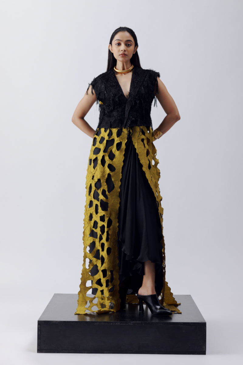 TEXTURED TOP + CRUSH SILK CUTWORK JACKET + SATIN DRAPE SKIRT