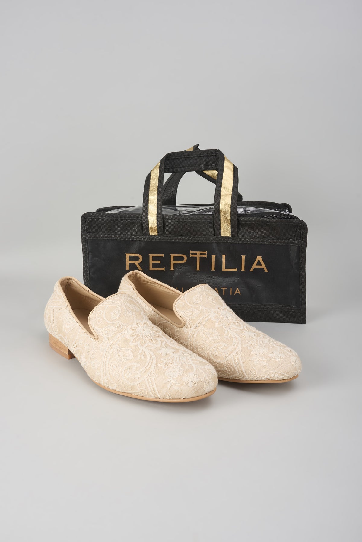 Beige Silk Sequin Embellished Loafers