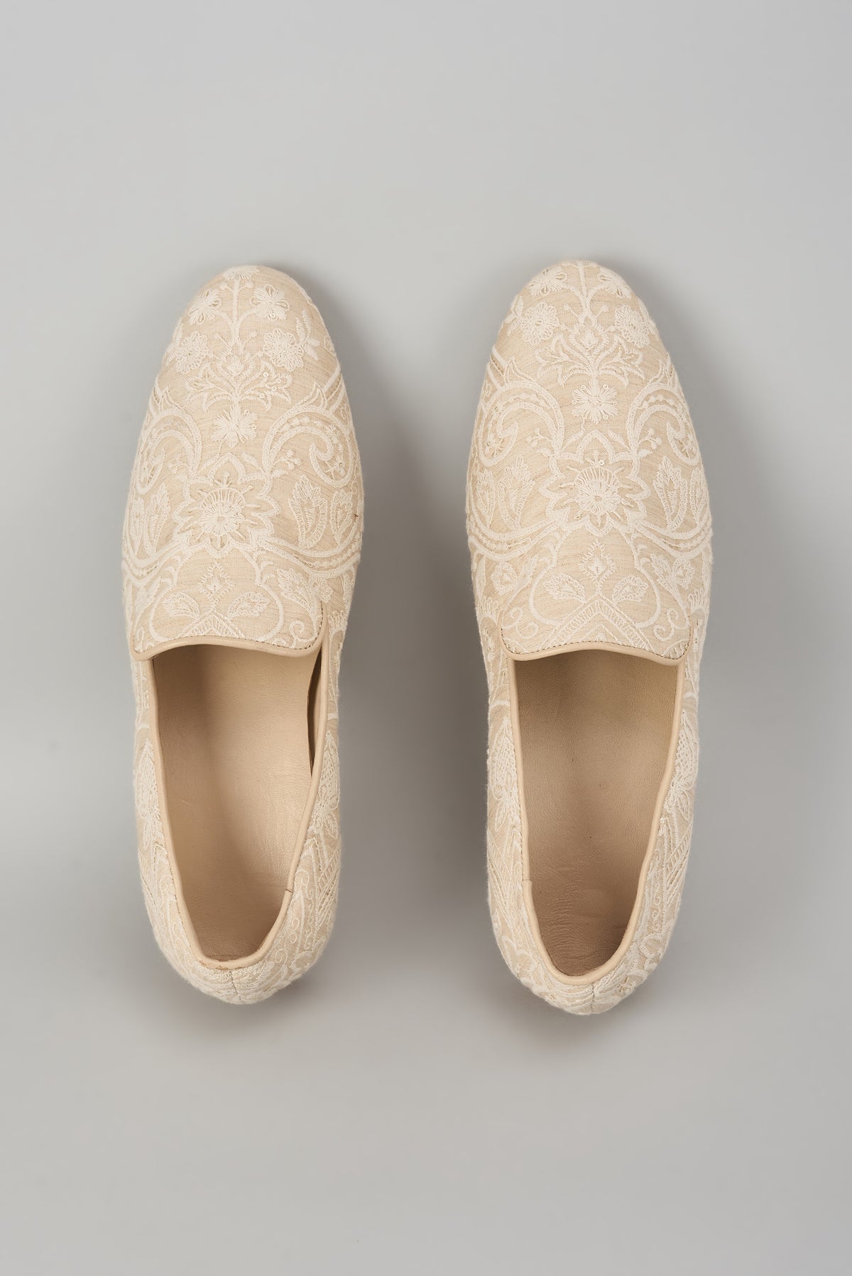 Beige Silk Sequin Embellished Loafers