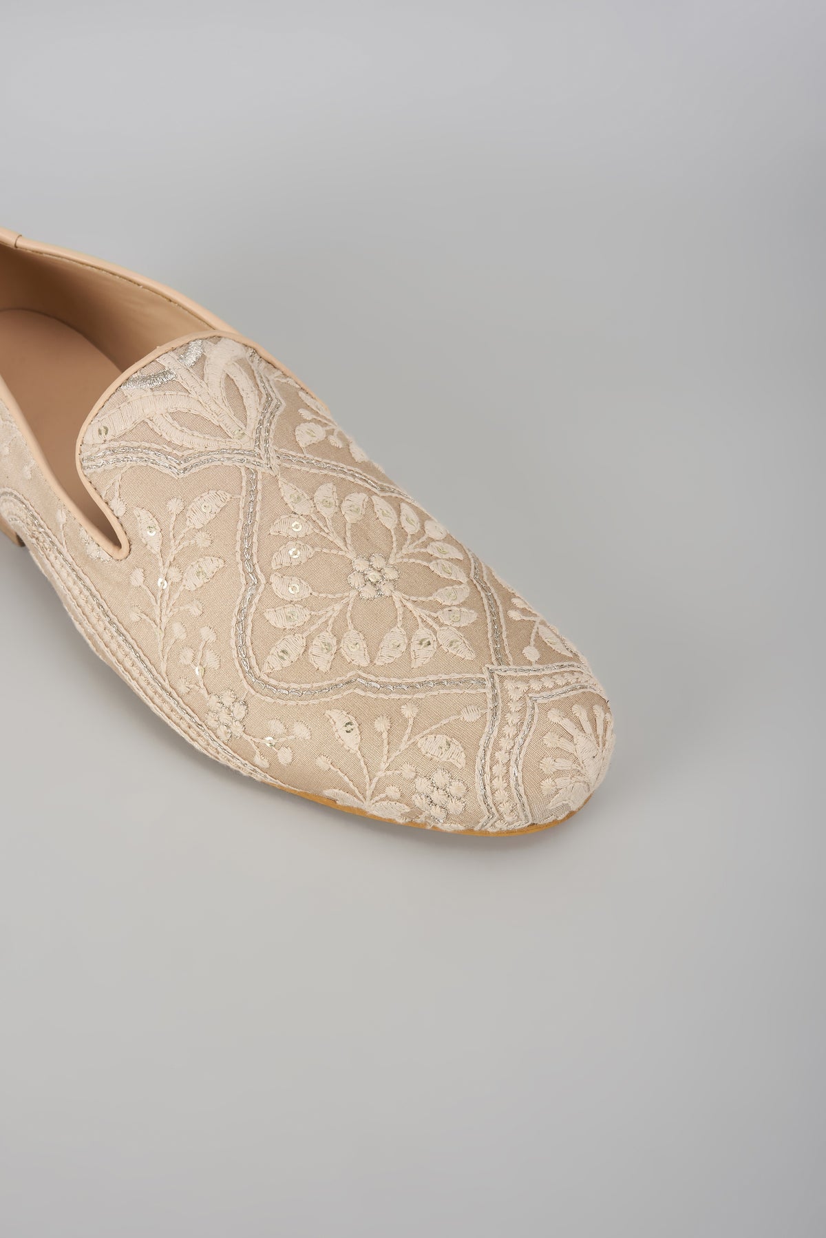 Beige Silk Sequin Embellished Loafers