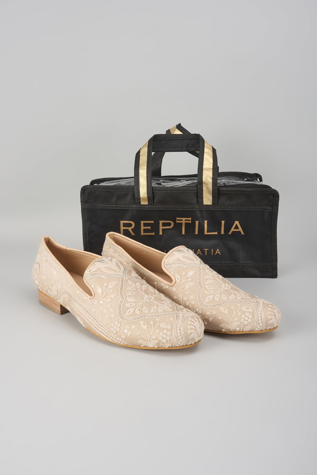 Beige Silk Sequin Embellished Loafers