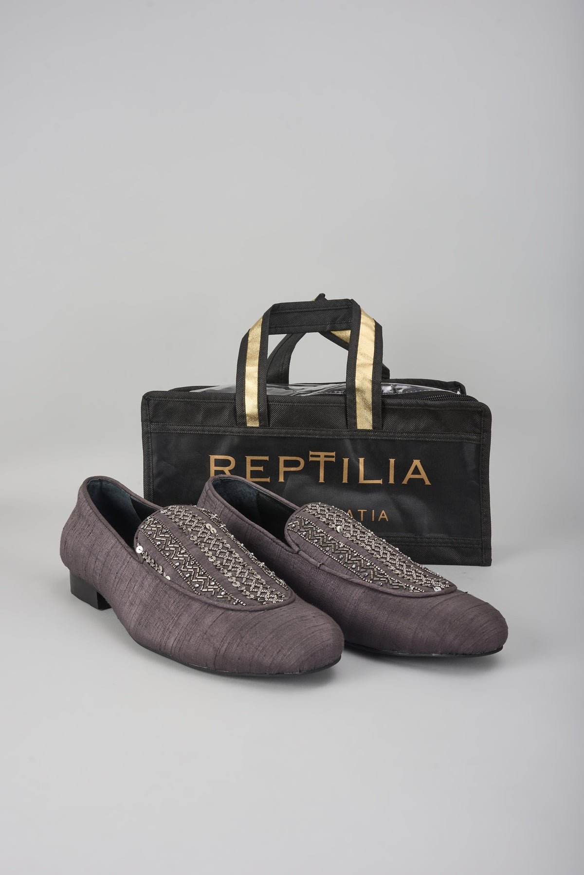 Charcoal Black Silk Cutdana Embellished Loafers