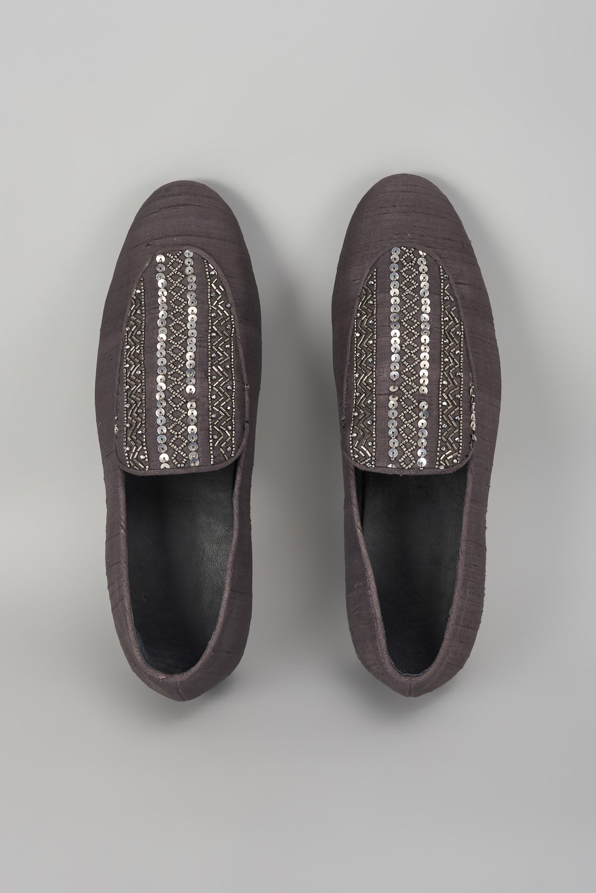 Charcoal Black Silk Cutdana Embellished Loafers