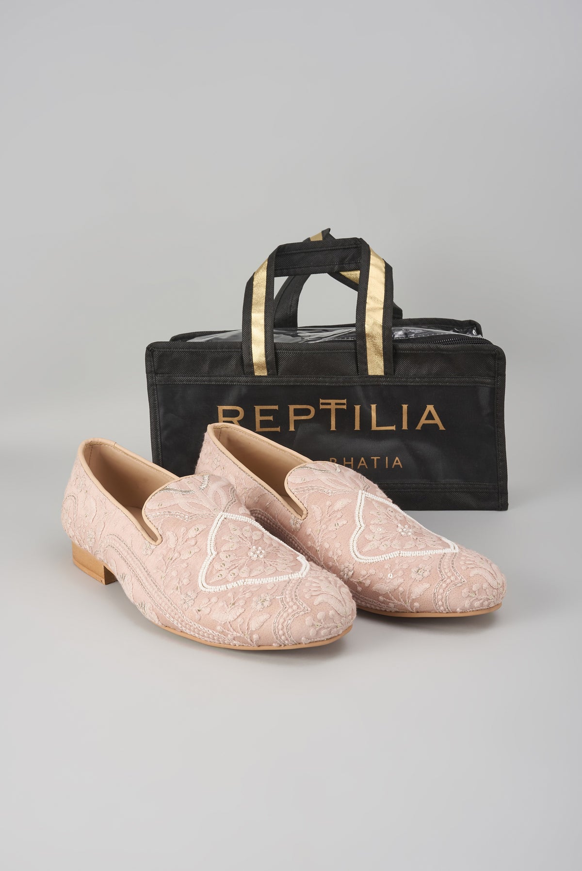 Beige Silk Sequin Embellished Loafers