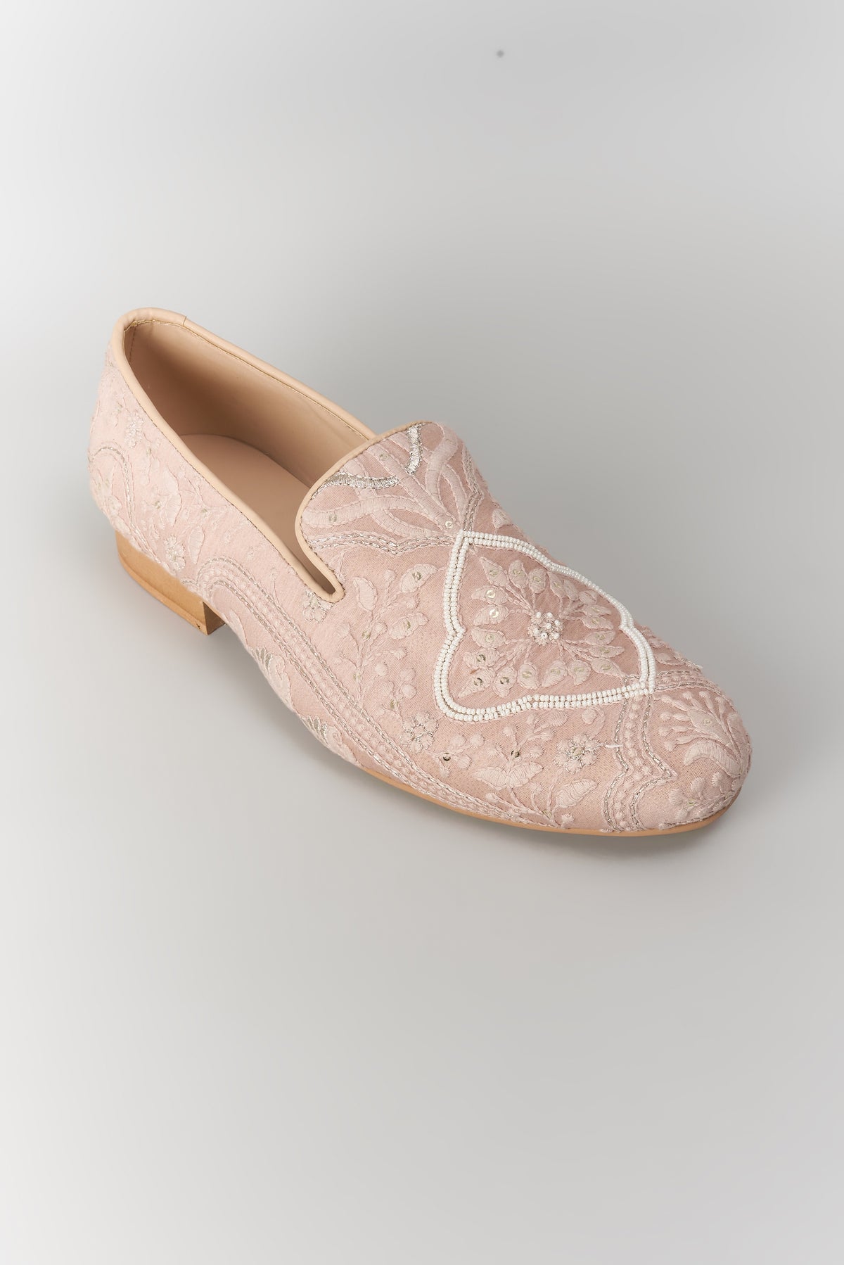 Beige Silk Sequin Embellished Loafers