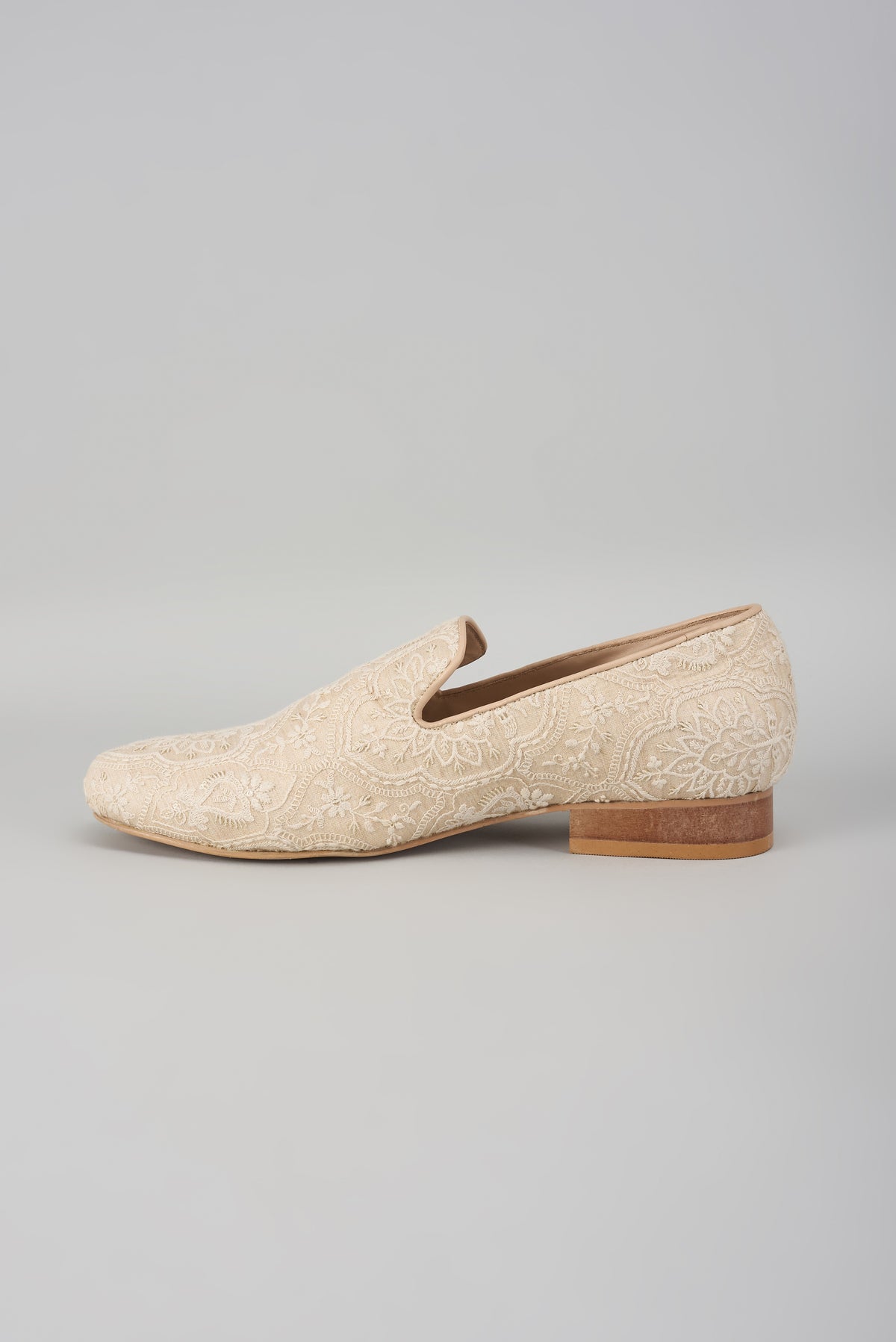 Beige Silk Thread Embellished Loafers