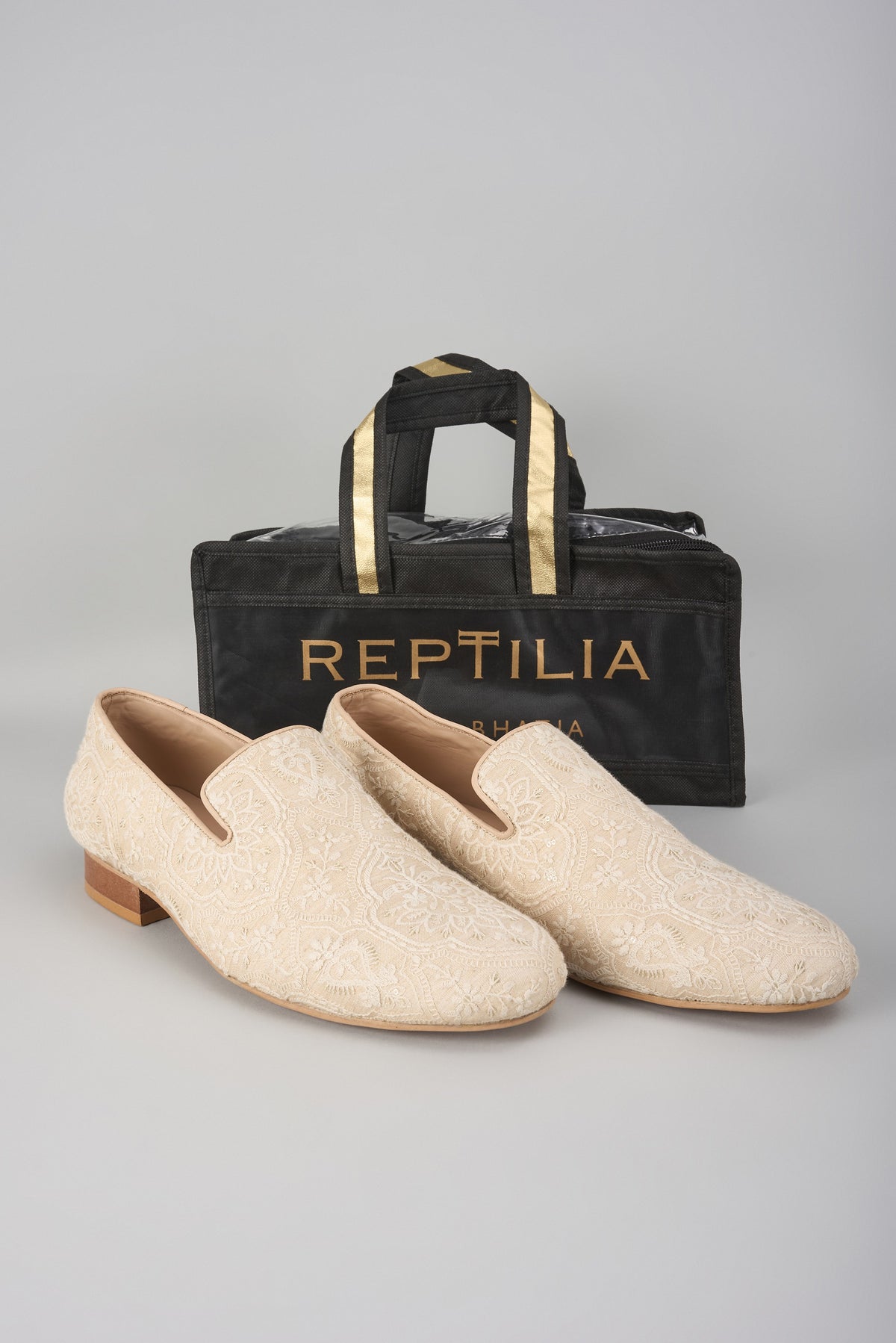 Beige Silk Thread Embellished Loafers