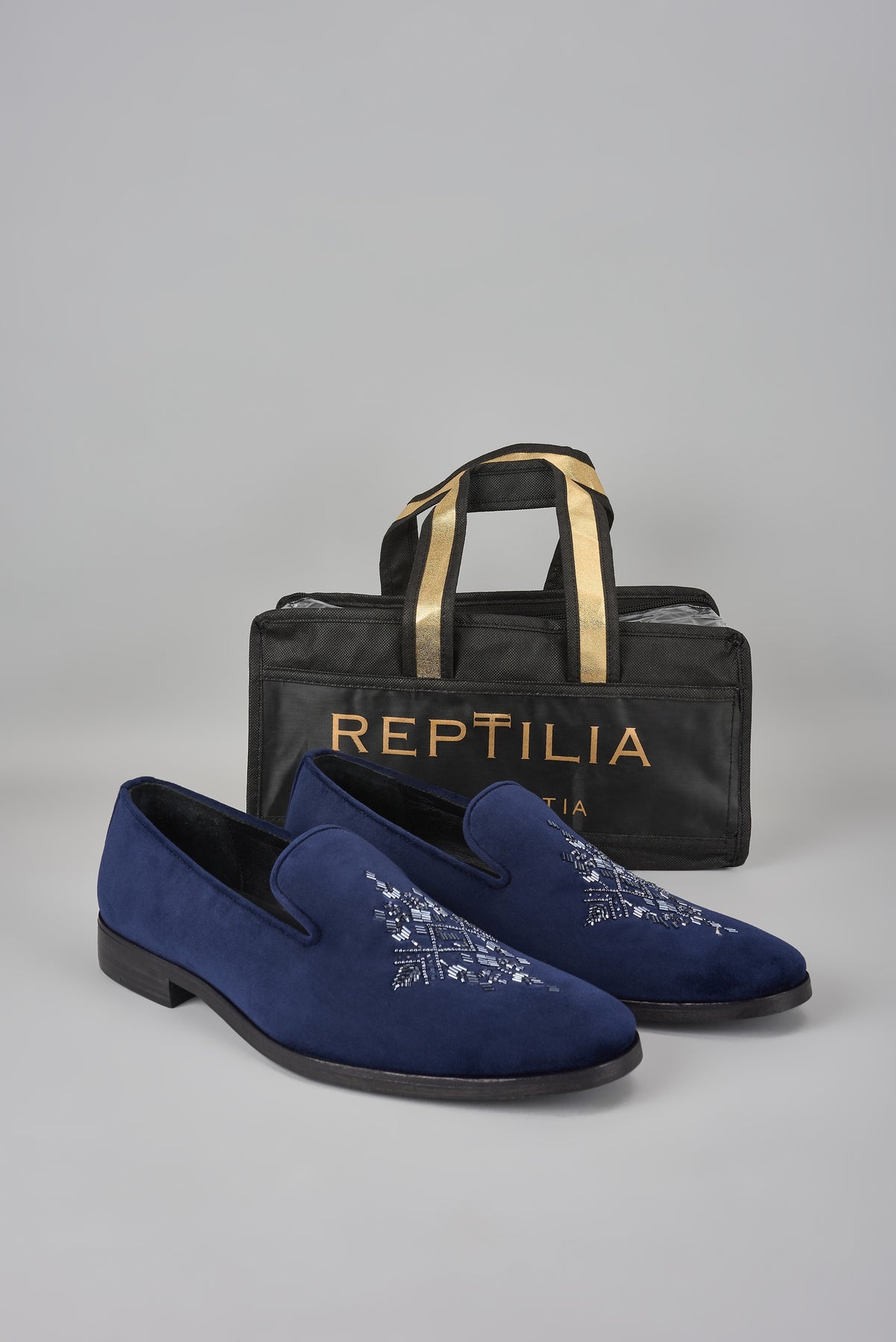 Navy Blue Velvet Hand Embroidered Loafers