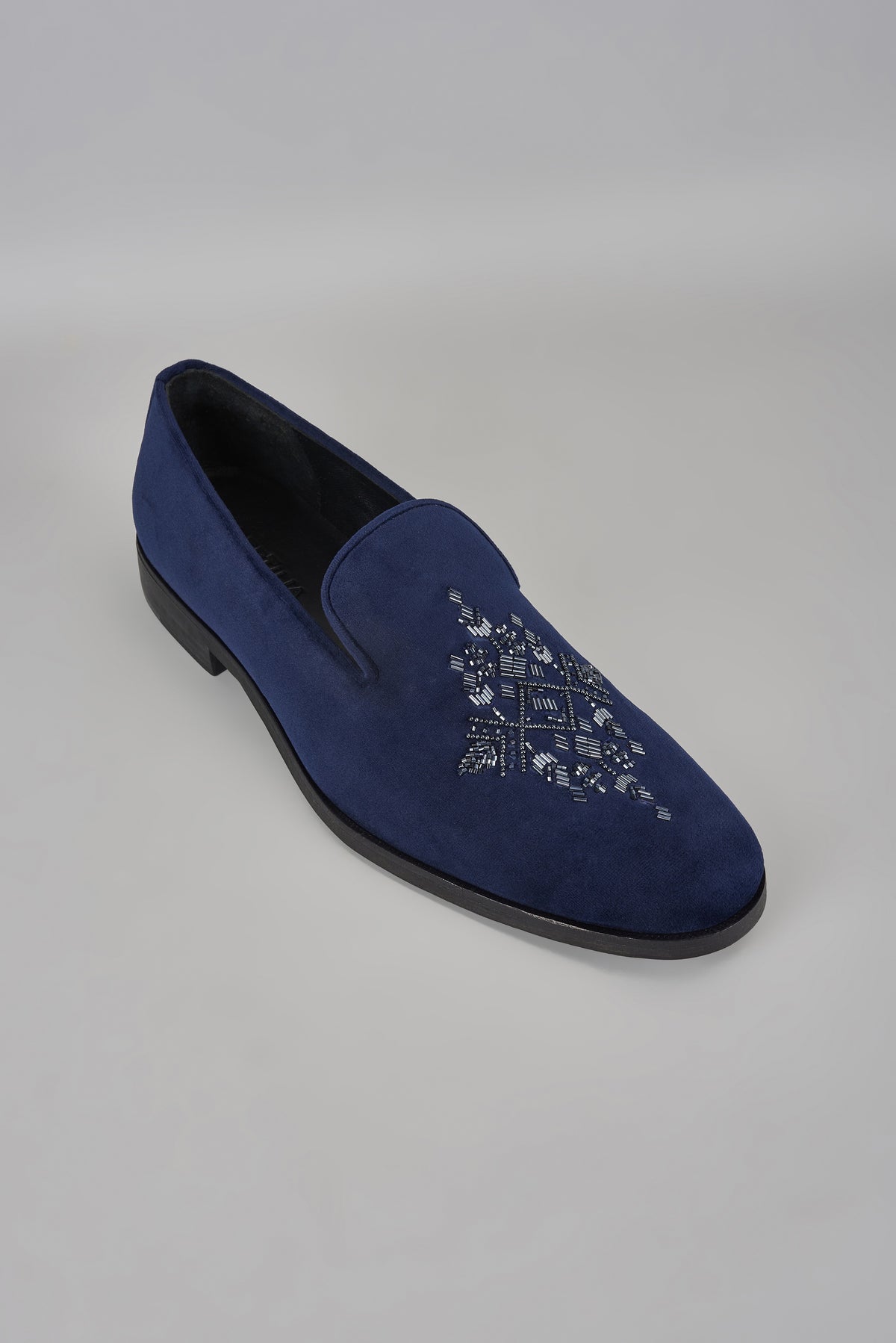 Navy Blue Velvet Hand Embroidered Loafers