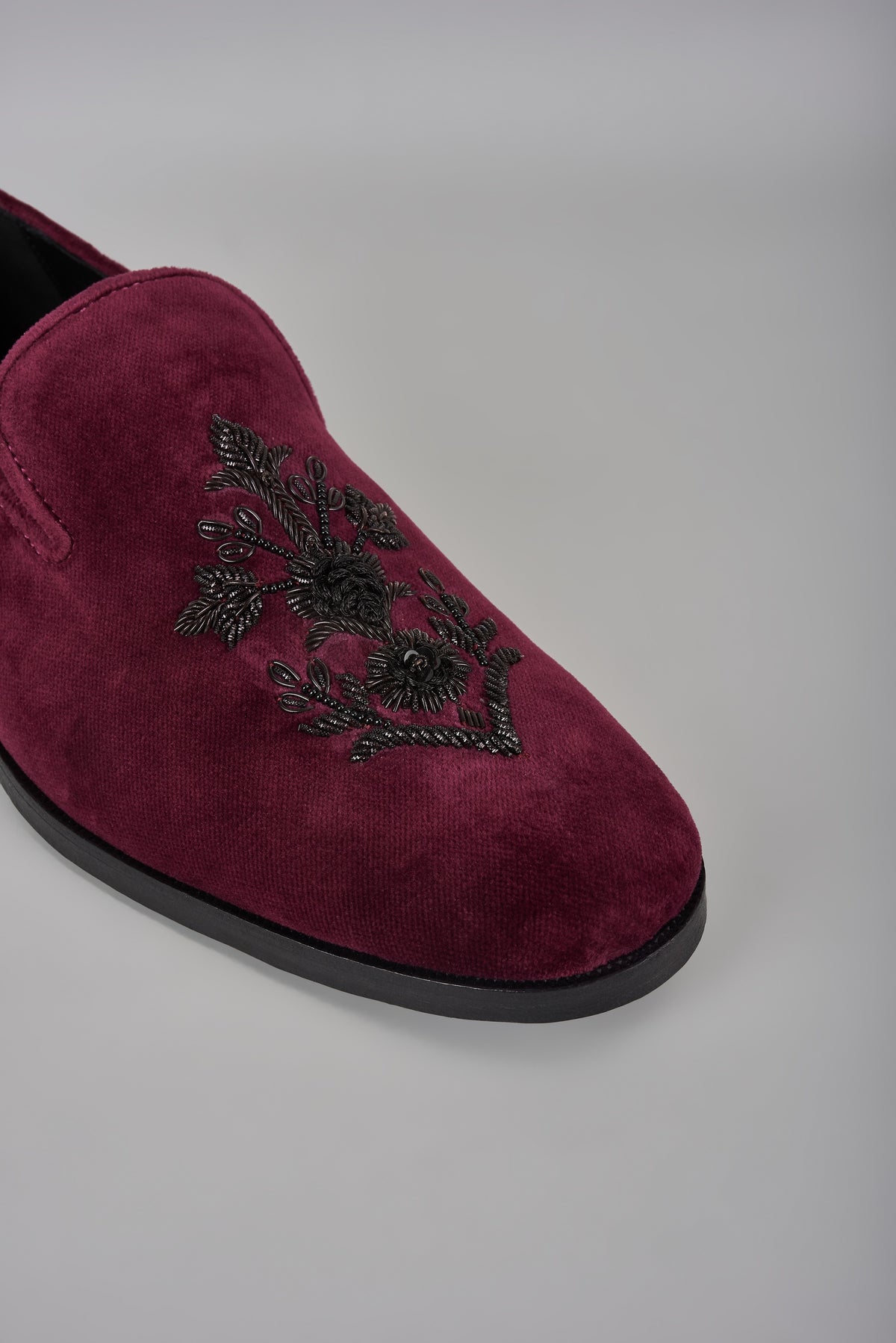 Wine Velvet Dabka Hand Embroidered Loafers