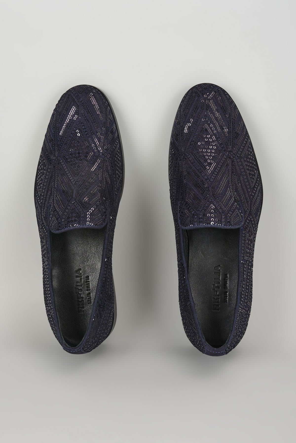 Navy Blue Leather Sequin Embellished Loafers