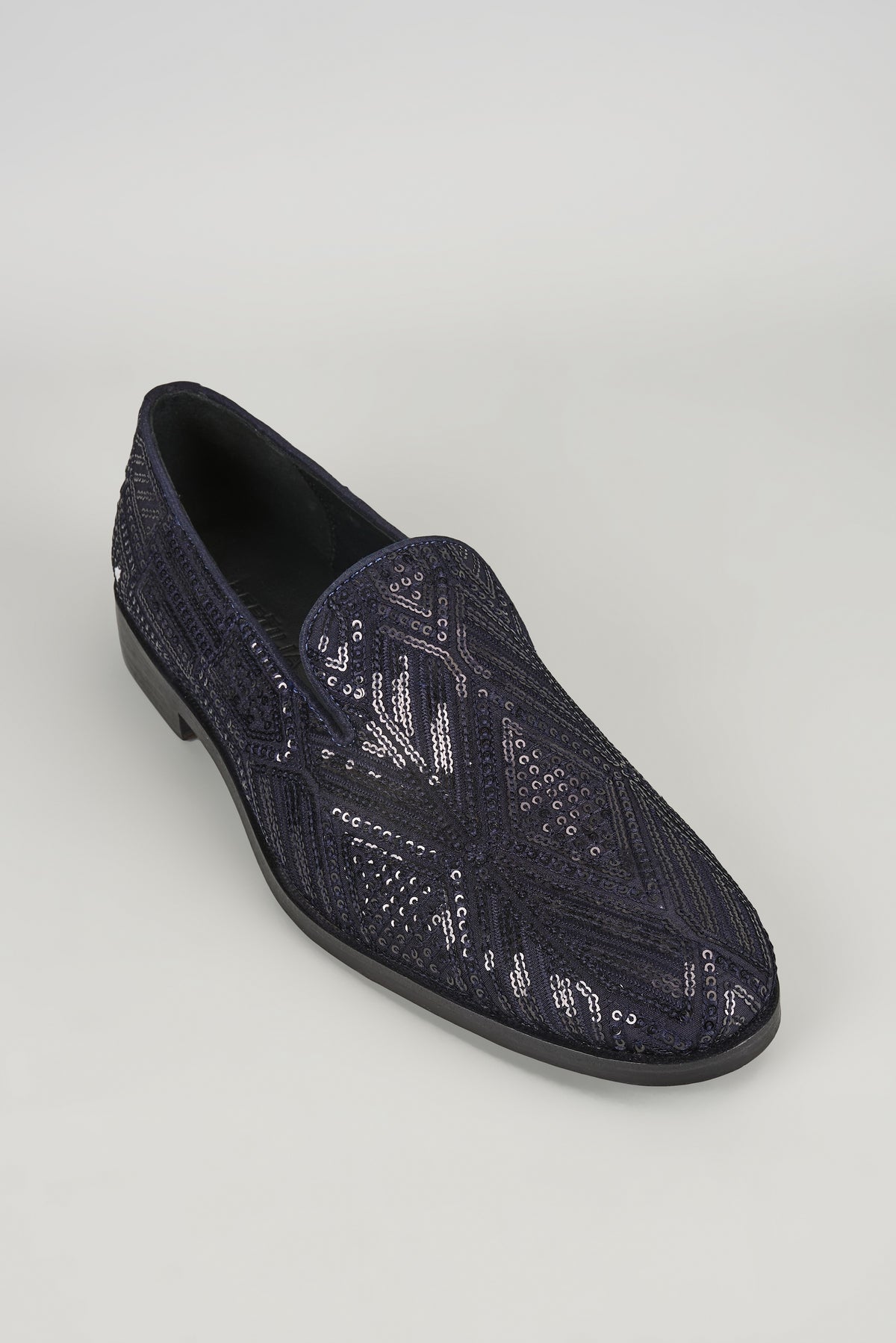Navy Blue Leather Sequin Embellished Loafers