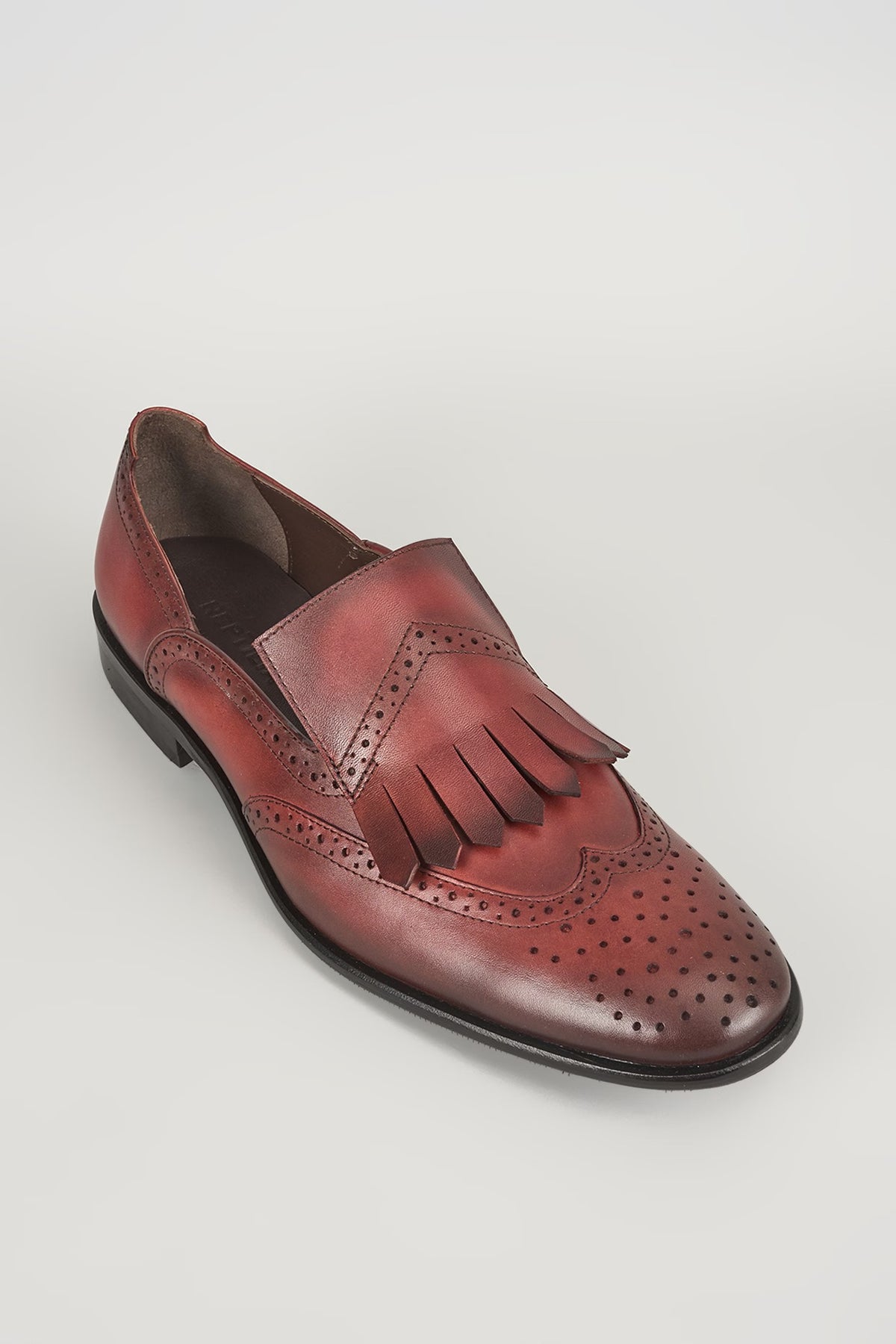 Burgundy Leather Brogue Wingtip Kiltie Slip-On Shoes