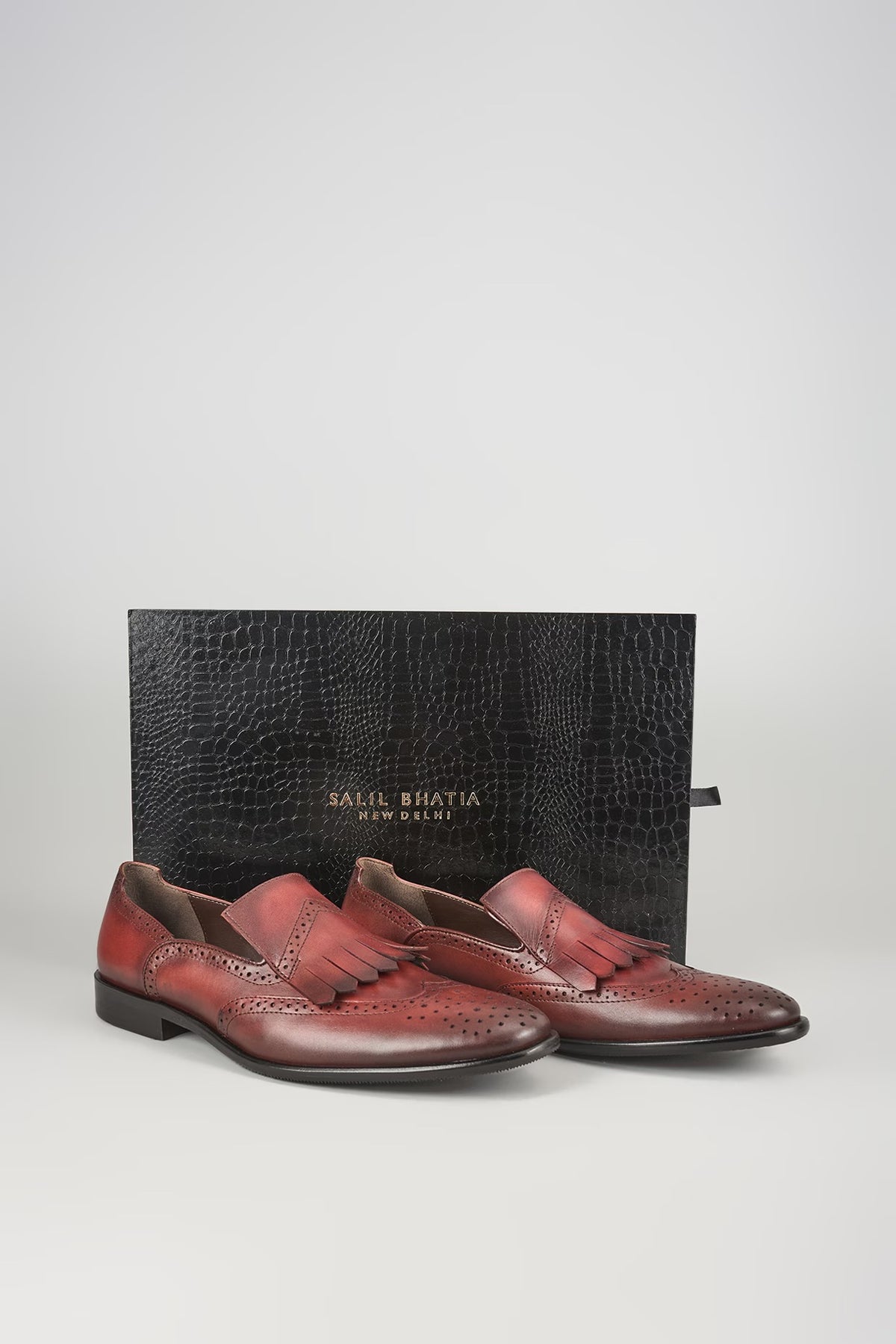 Burgundy Leather Brogue Wingtip Kiltie Slip-On Shoes