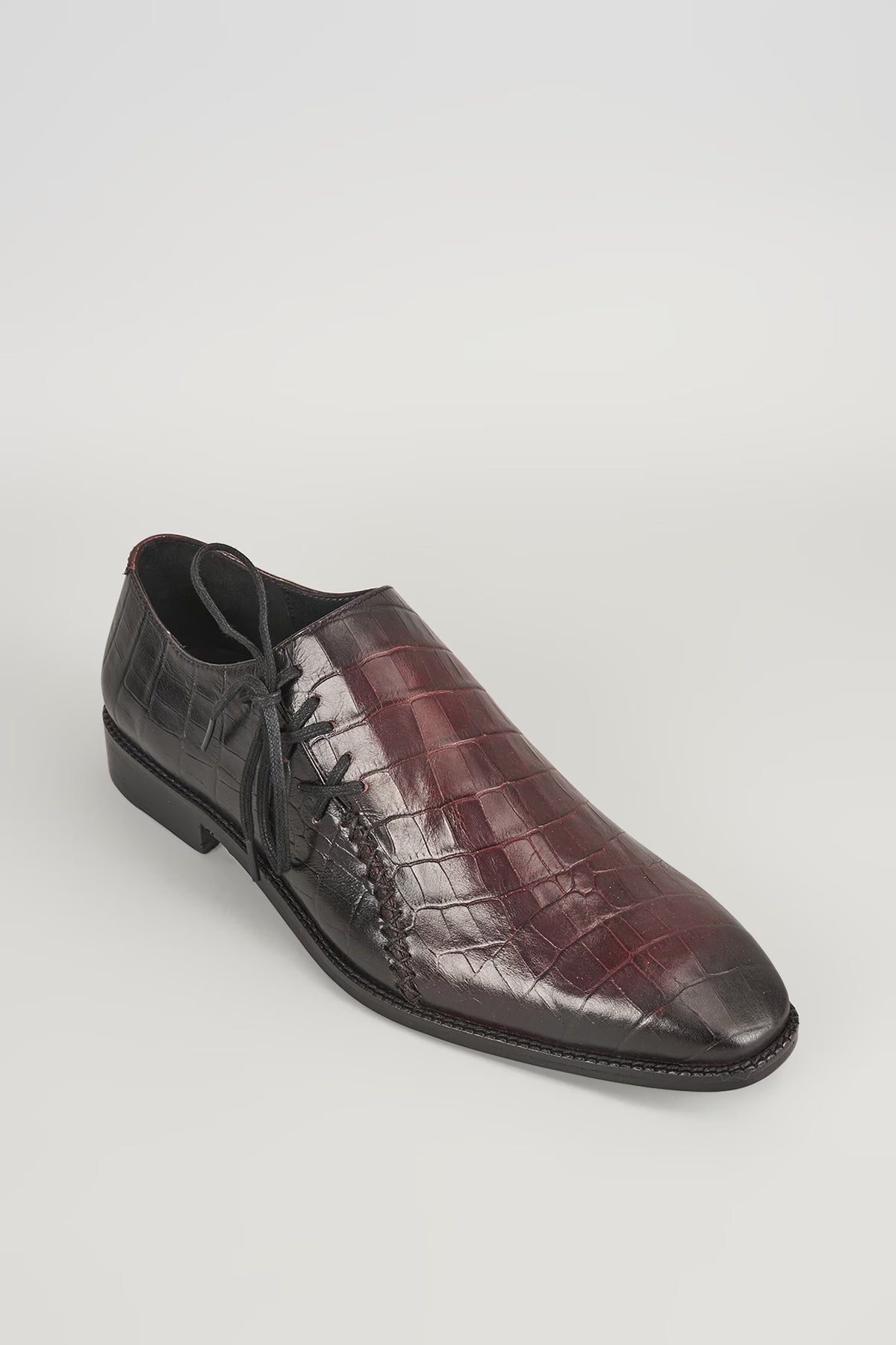 Burgundy & Black Croc Embossed Leather Hand Patina Oxford Shoes