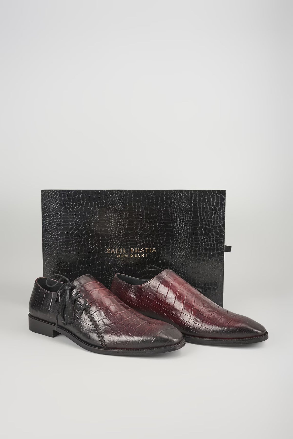 Burgundy & Black Croc Embossed Leather Hand Patina Oxford Shoes