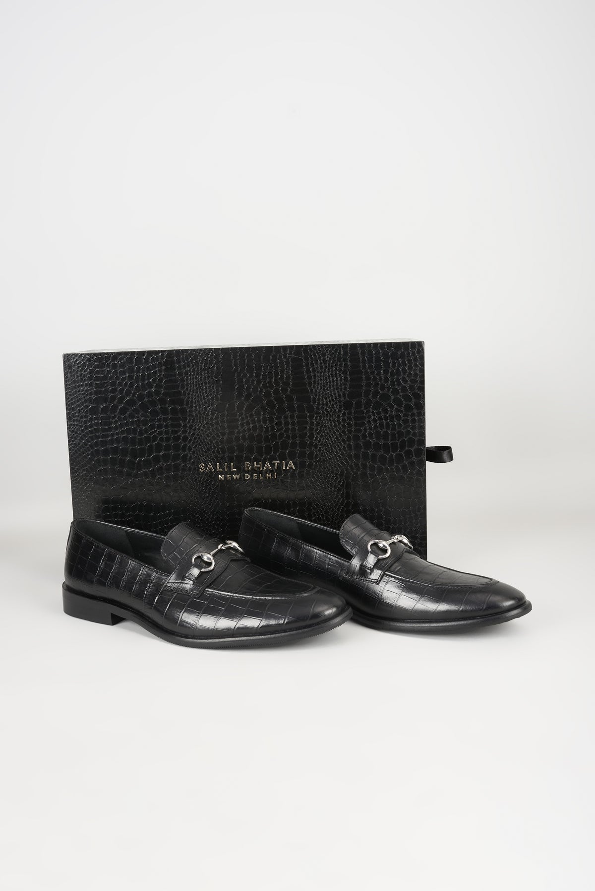Black Embossed Leather Embellished Loafers