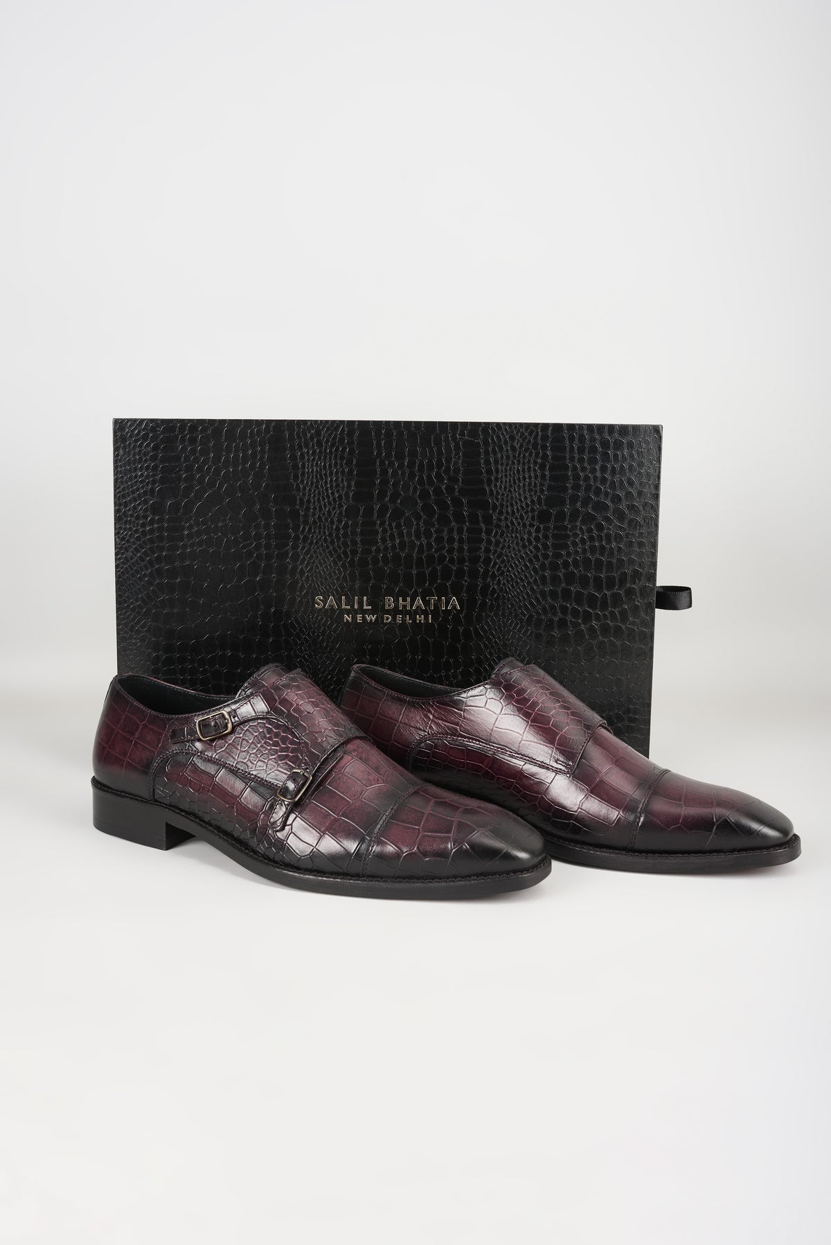 Wine Embossed Leather Monk Strap Shoes