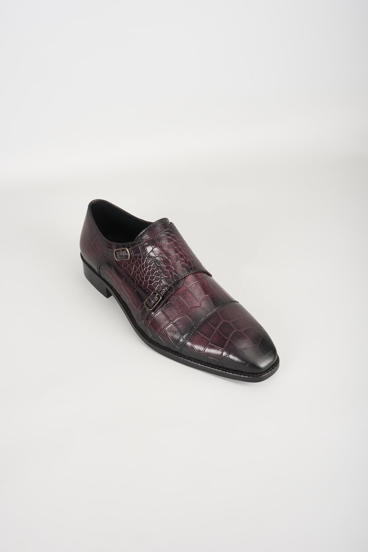 Wine Embossed Leather Monk Strap Shoes