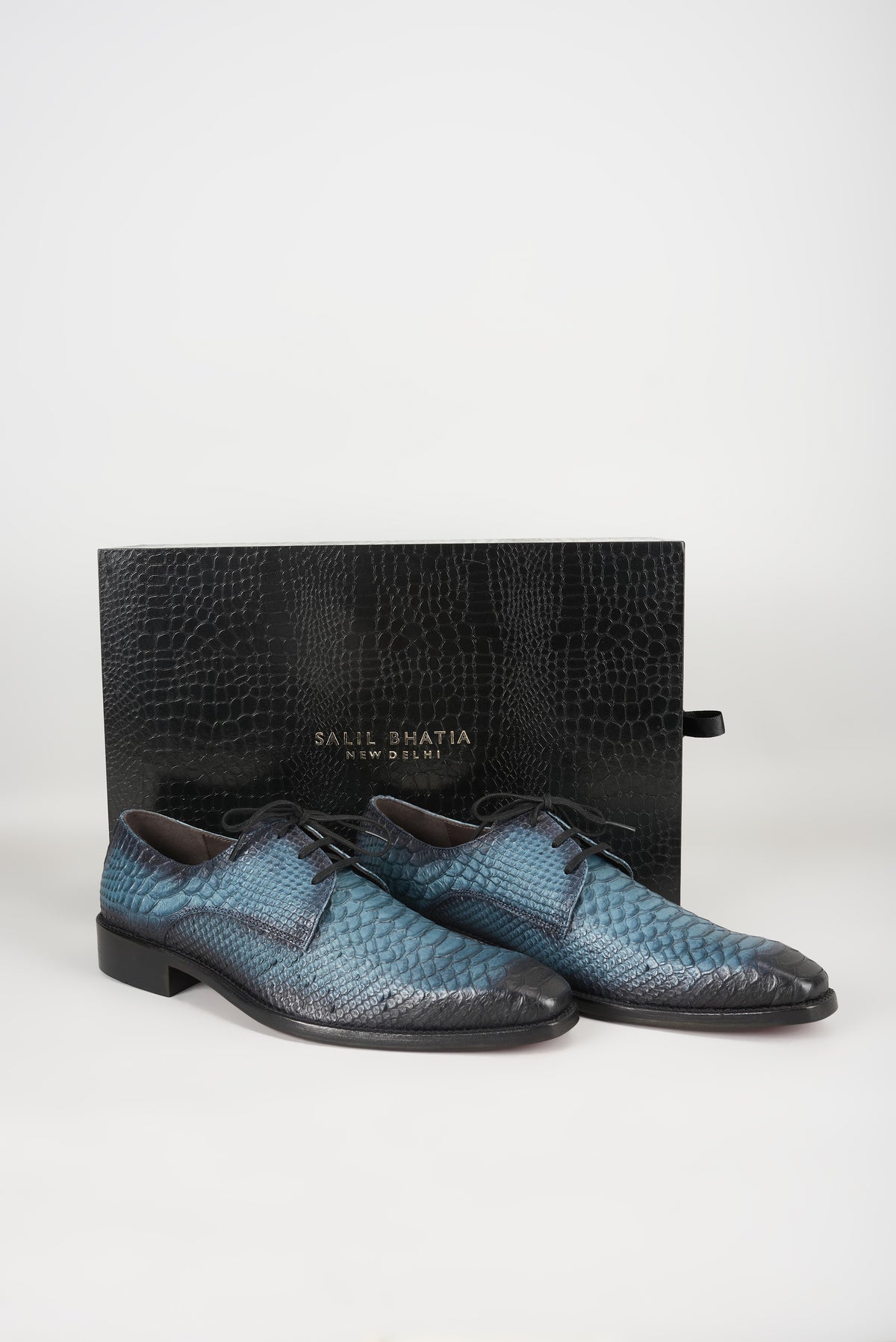 Blue Embossed Leather Derby Shoes