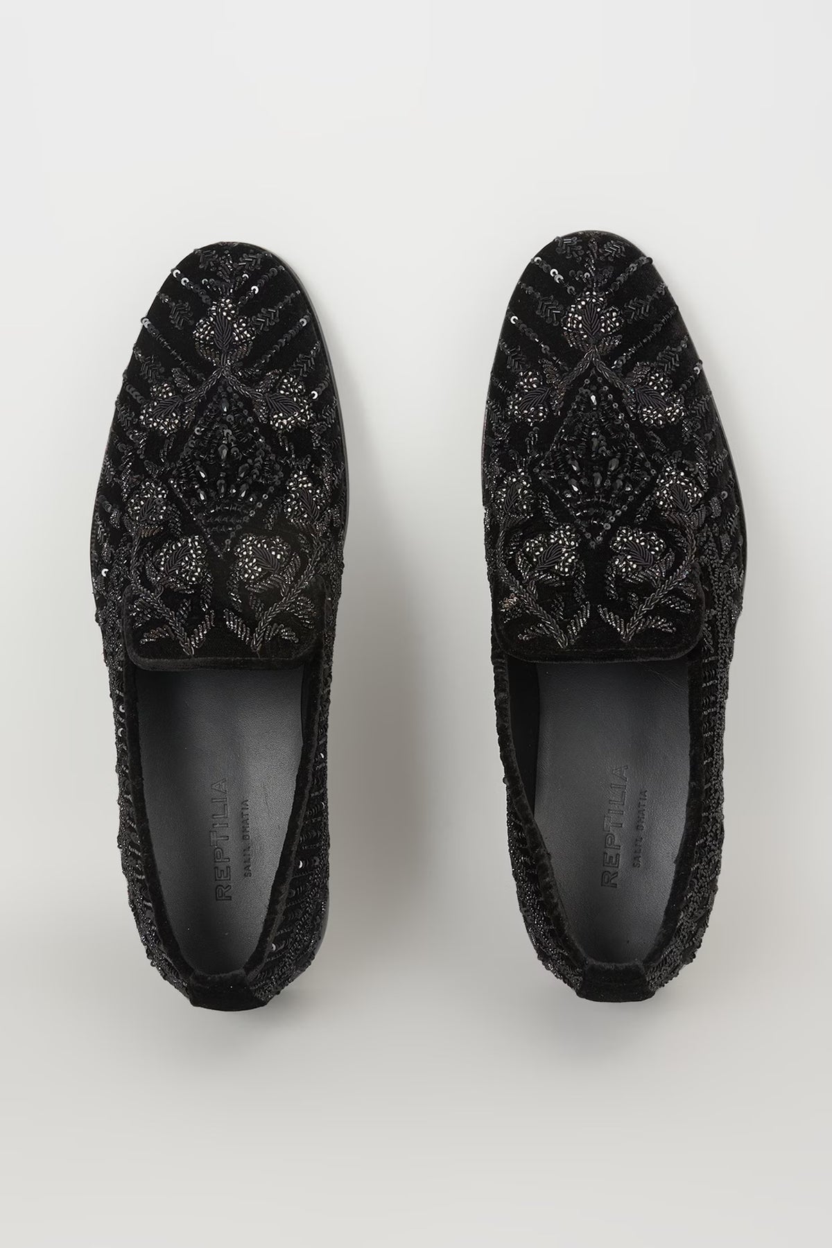 Black Velvet & Leather Sequins Hand Embroidered Loafers