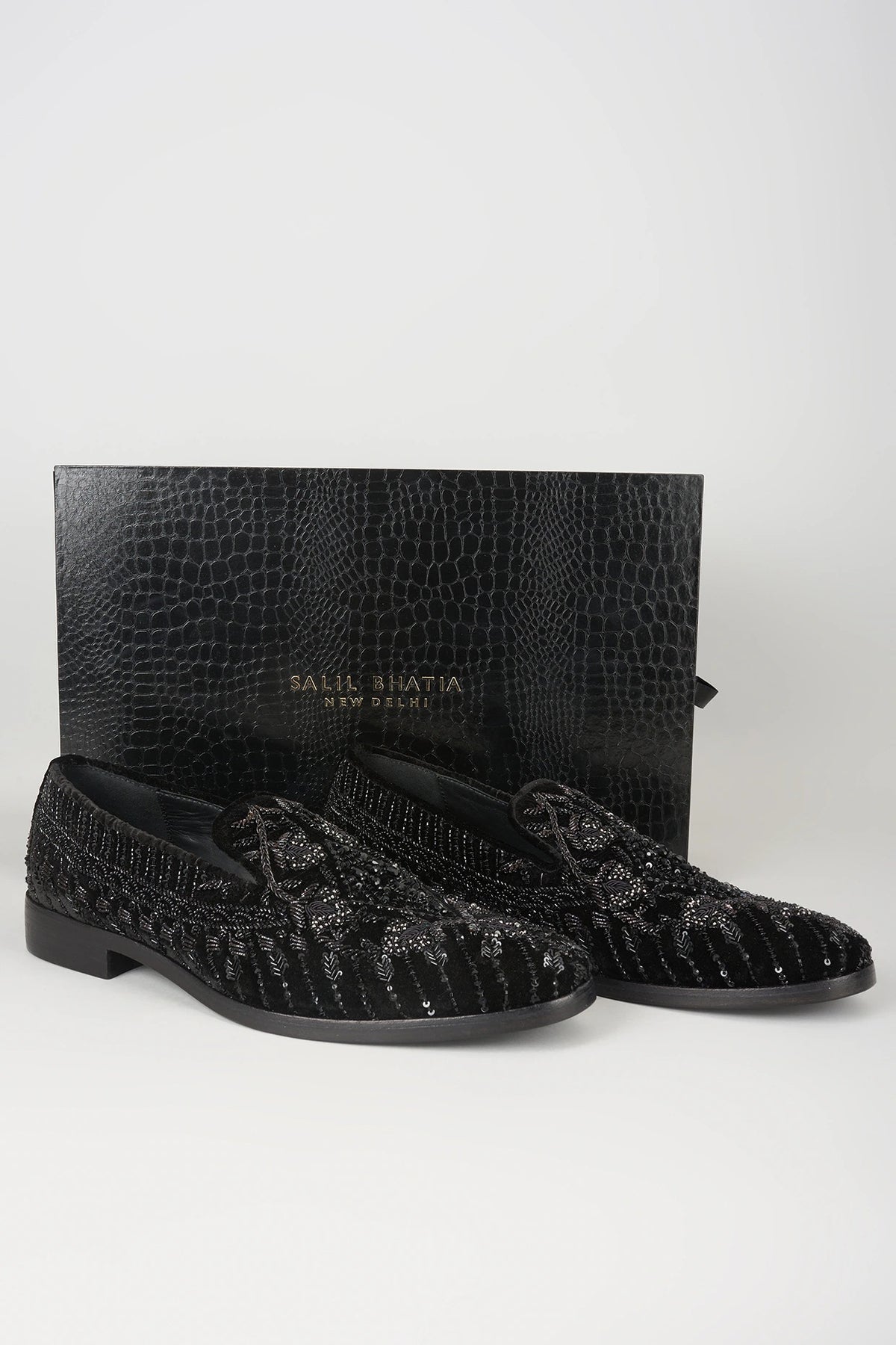 Black Velvet & Leather Sequins Hand Embroidered Loafers