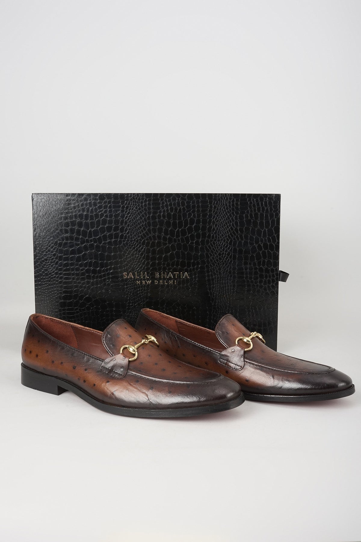 Burnished Brown Ostrich Textured Leather Loafers