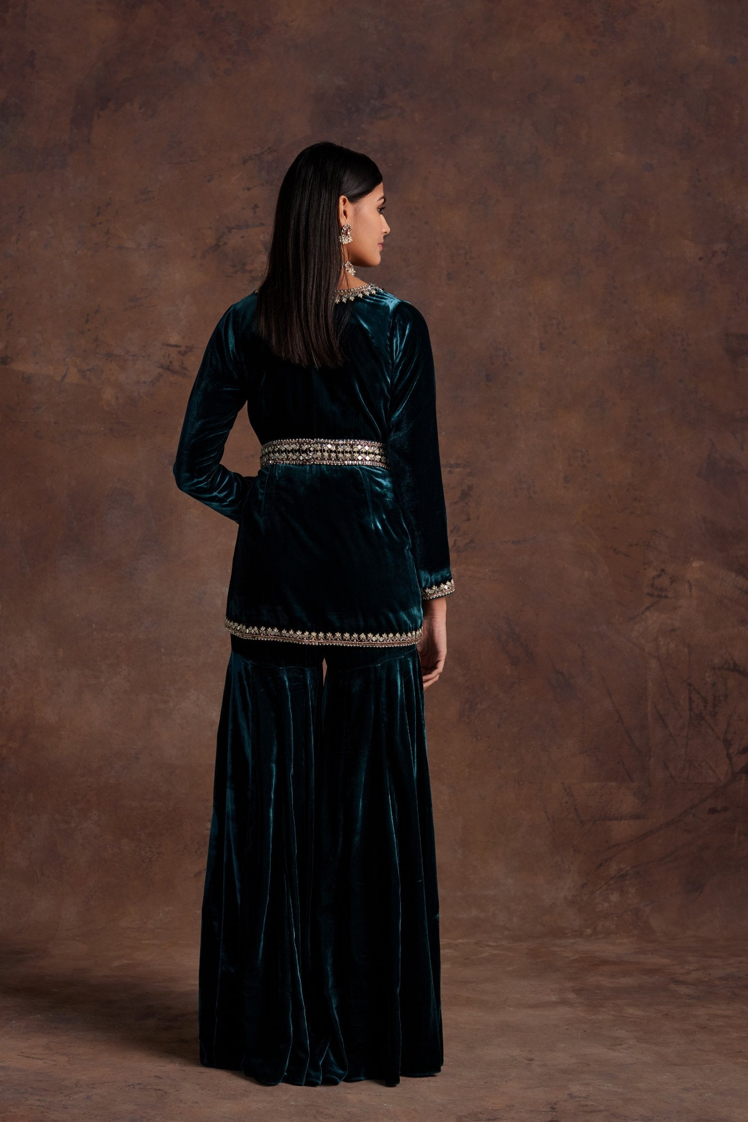 Green Velvet Peplum With Belt And Sharara