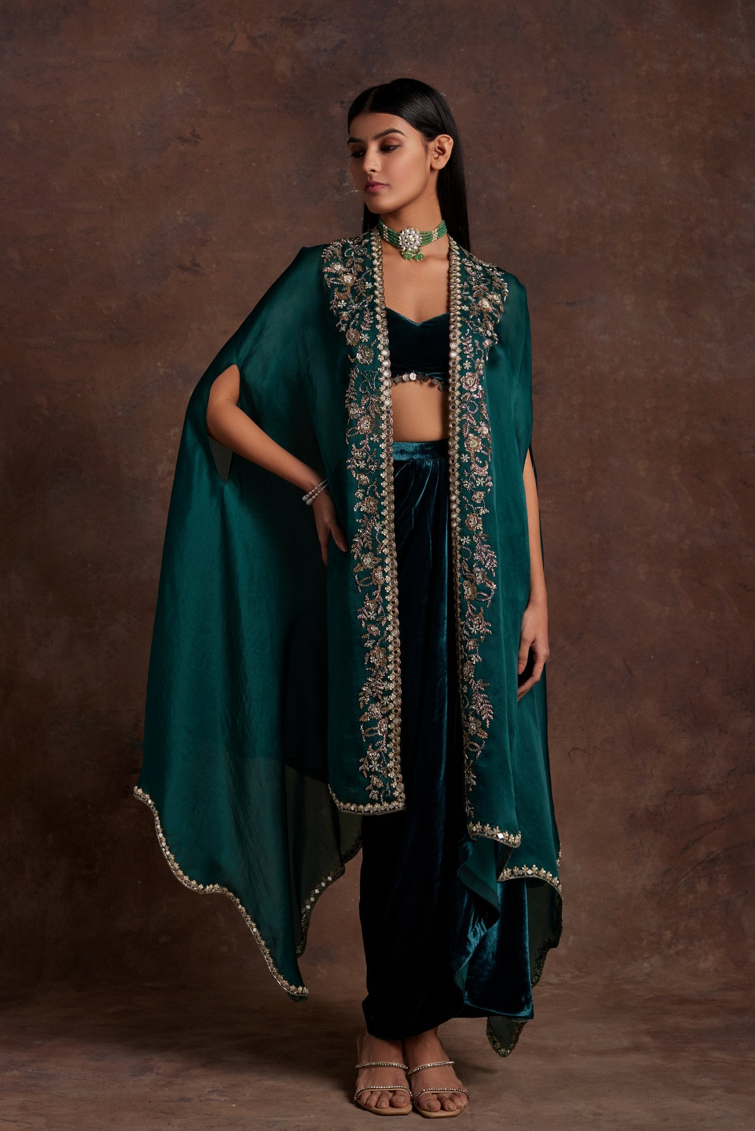 Green Velvet Drape Skirt Bustier And Organza Cape