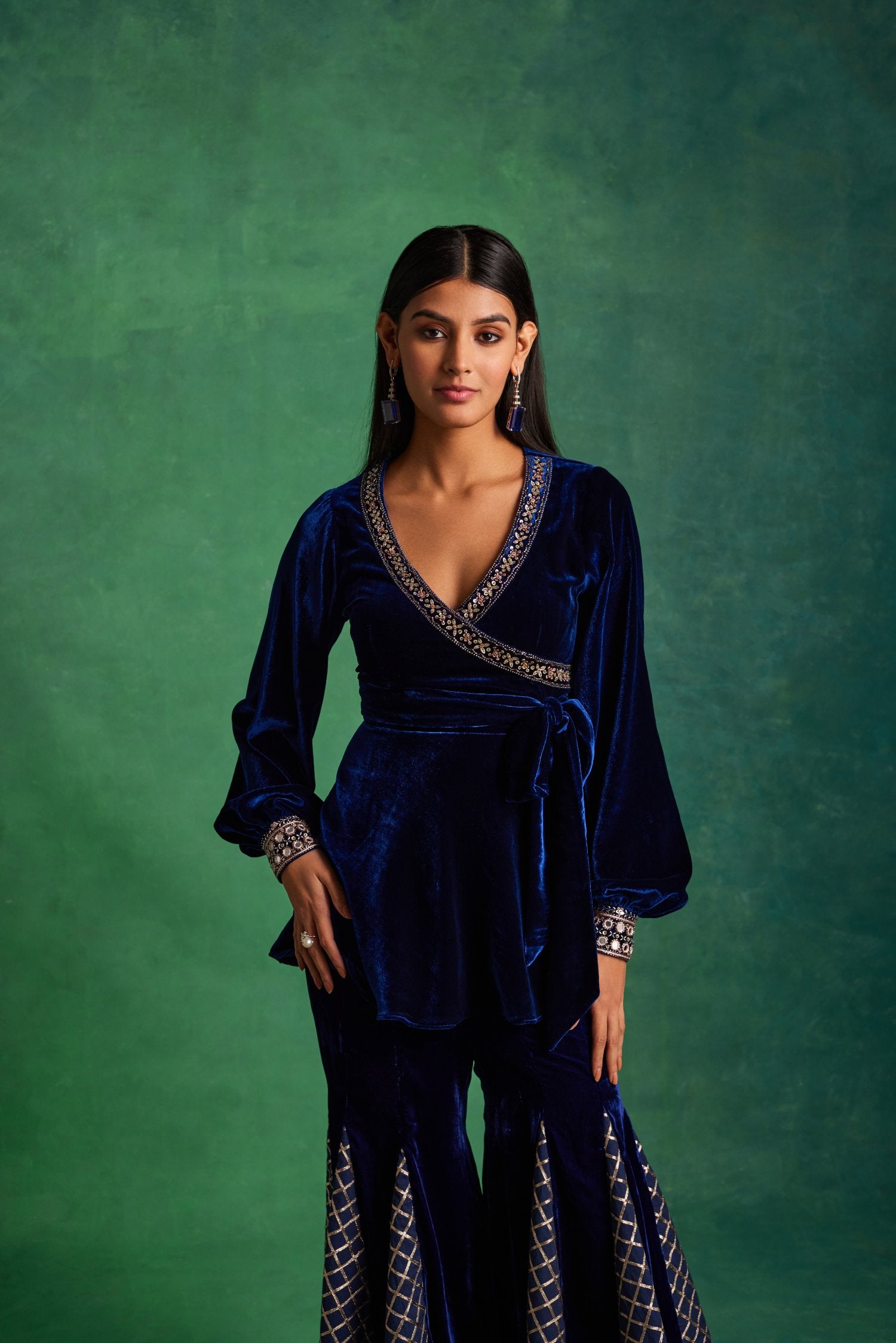 Blue Velvet Peplum And Godet Pants Set