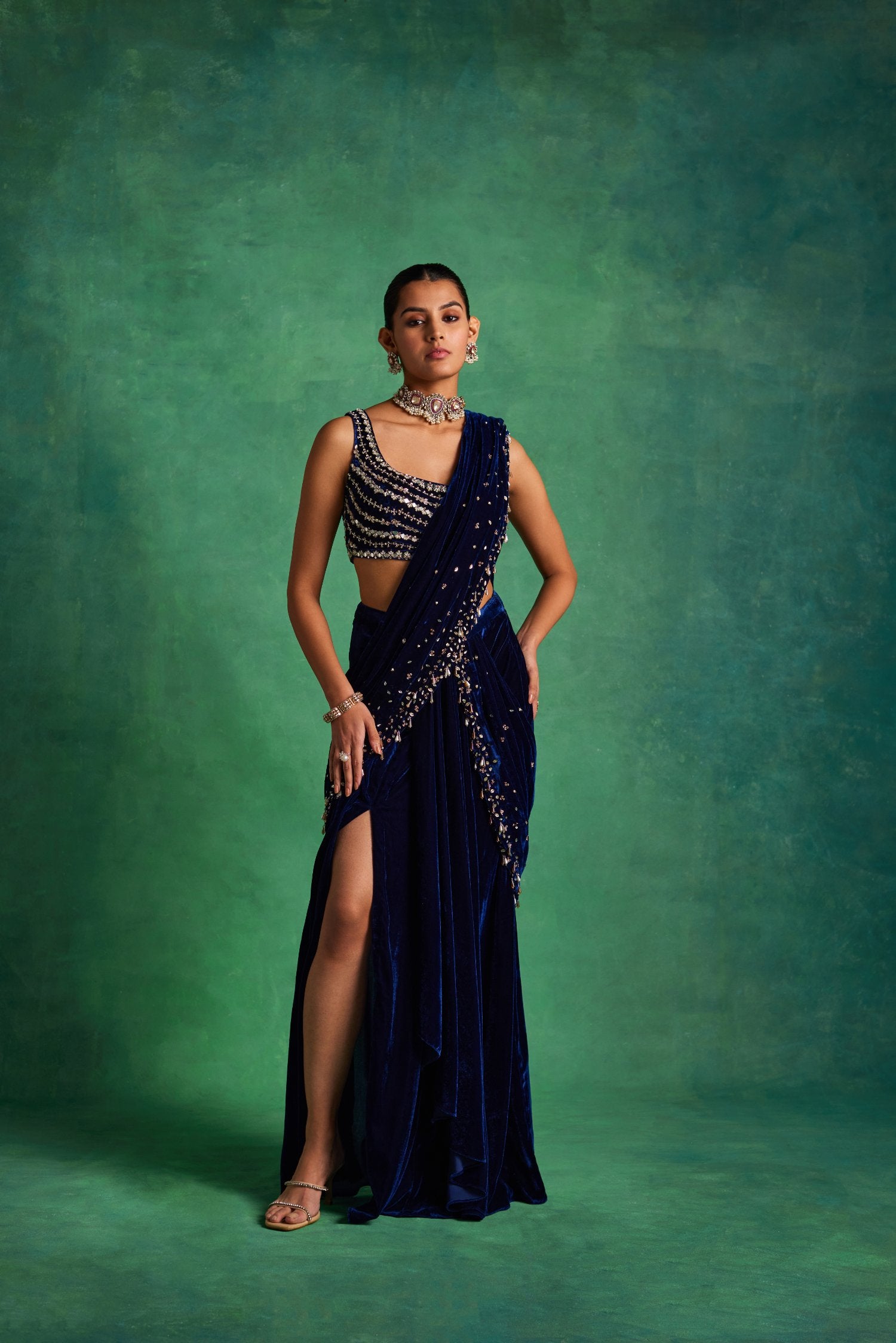 Blue Velvet Slit Saree