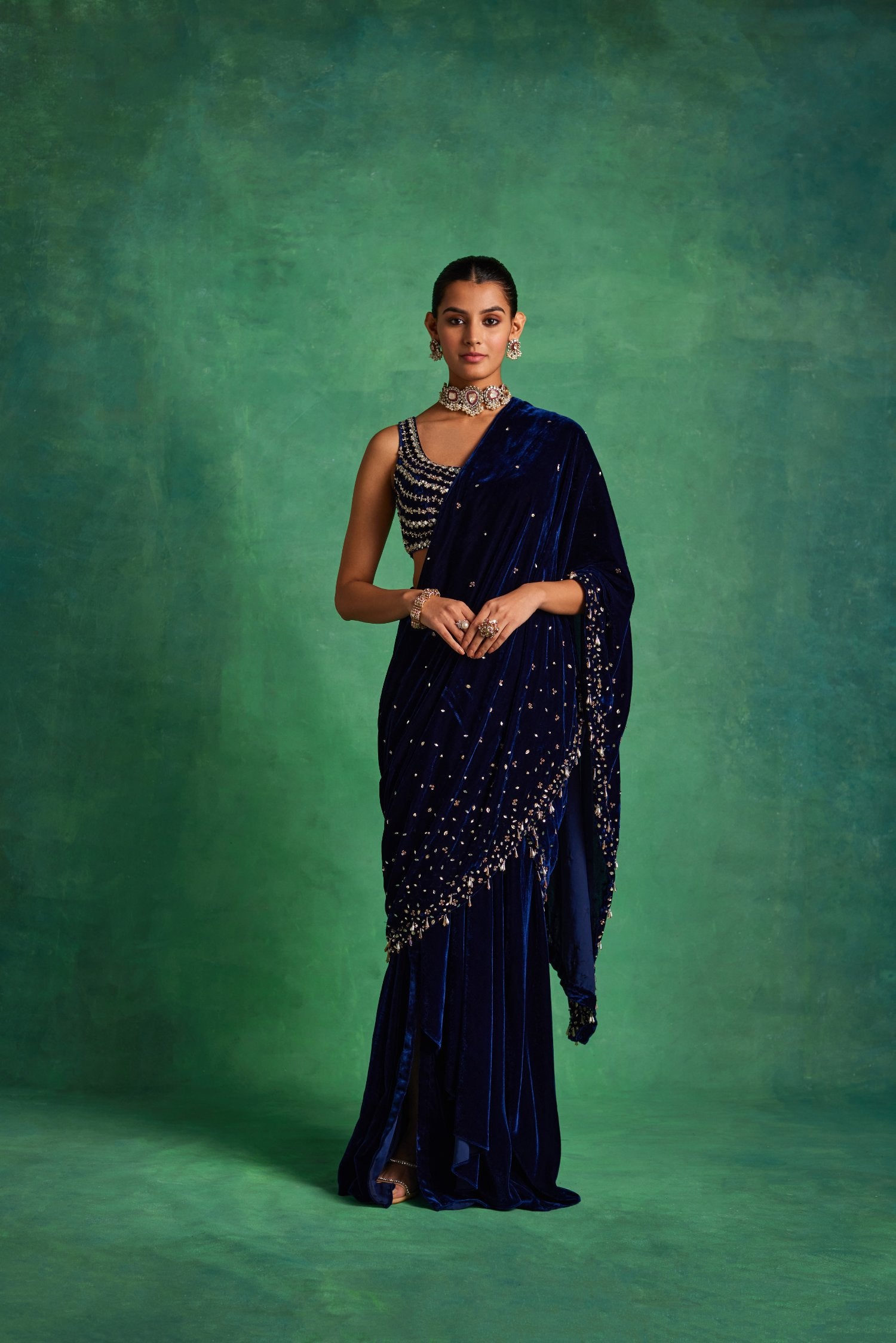 Blue Velvet Slit Saree