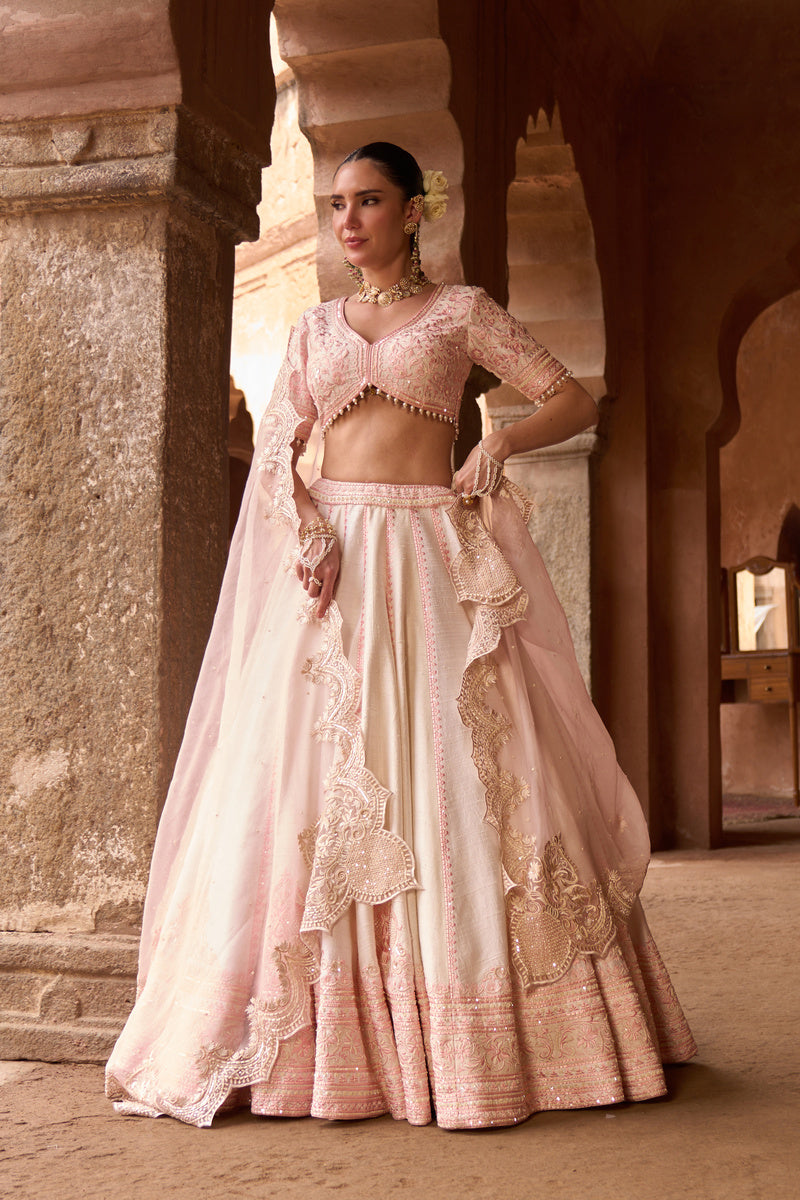 SAYEEDA - DAISY IVORY WITH PINK EMBROIDERED LEHENGA