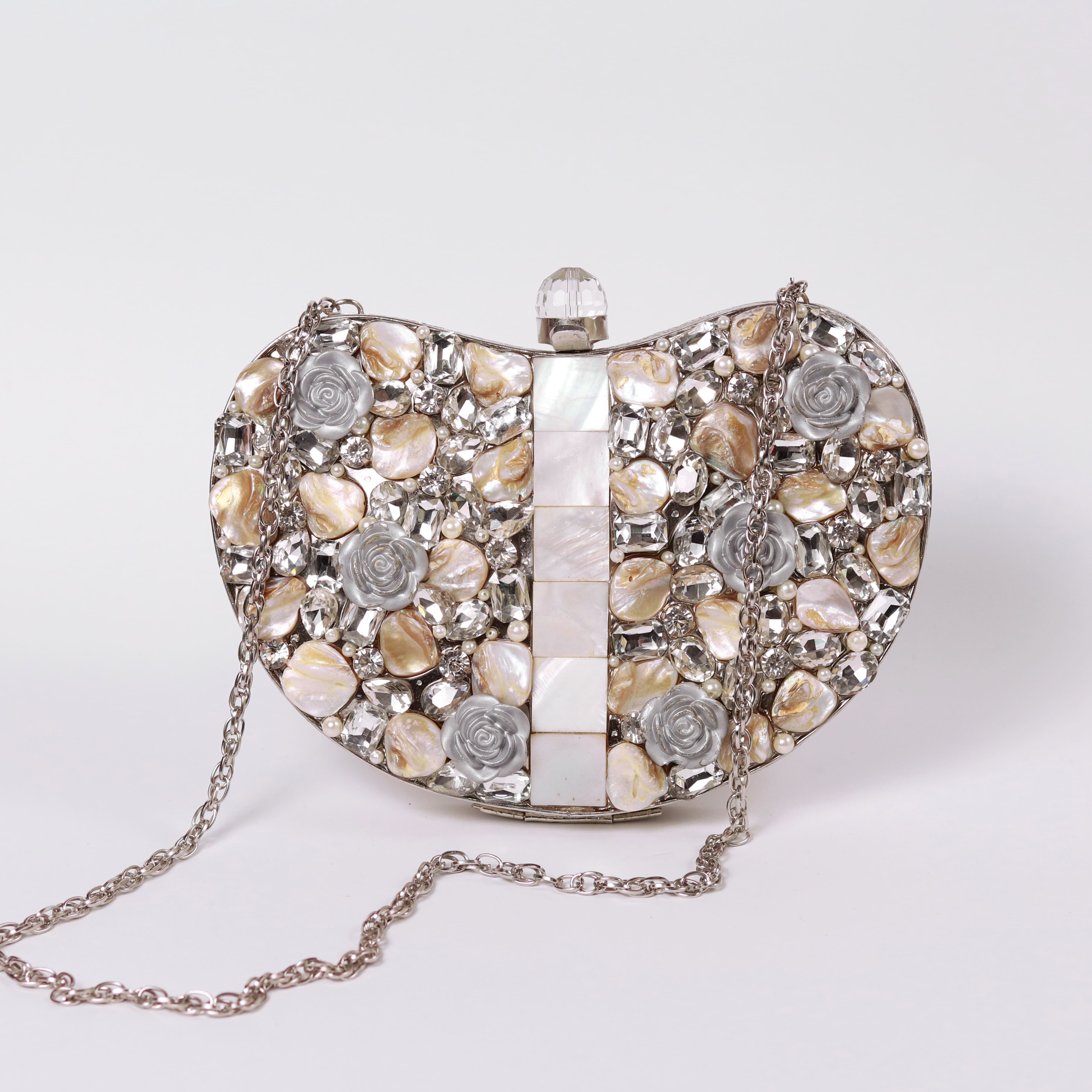 THE TAN CLAN Seher Embellished Brass Clutch Silver