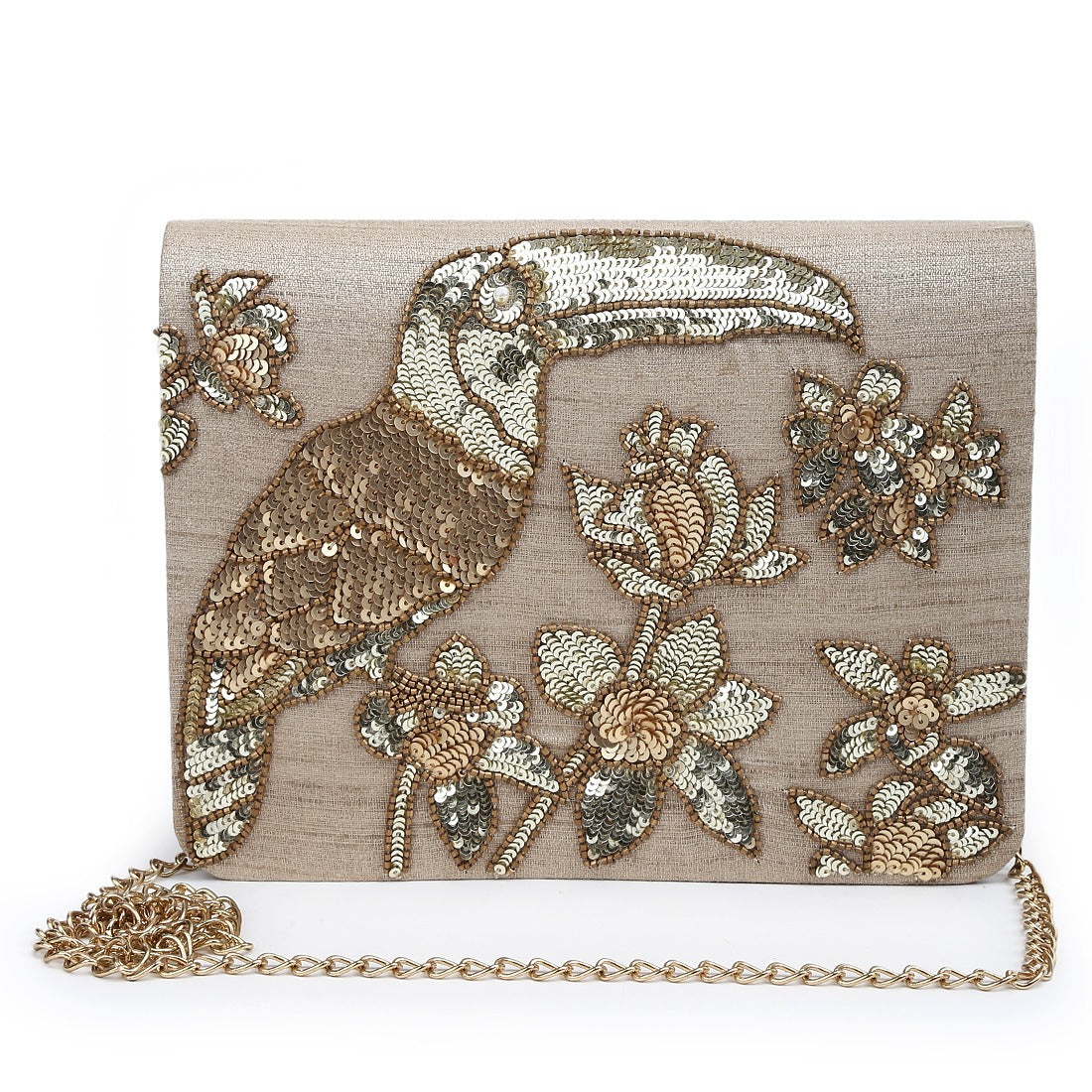 Sequin Toucan Gold Clutch