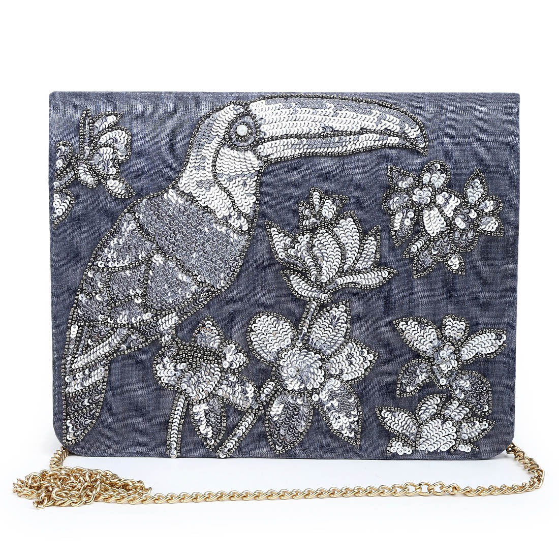 Sequin Toucan Grey Clutch